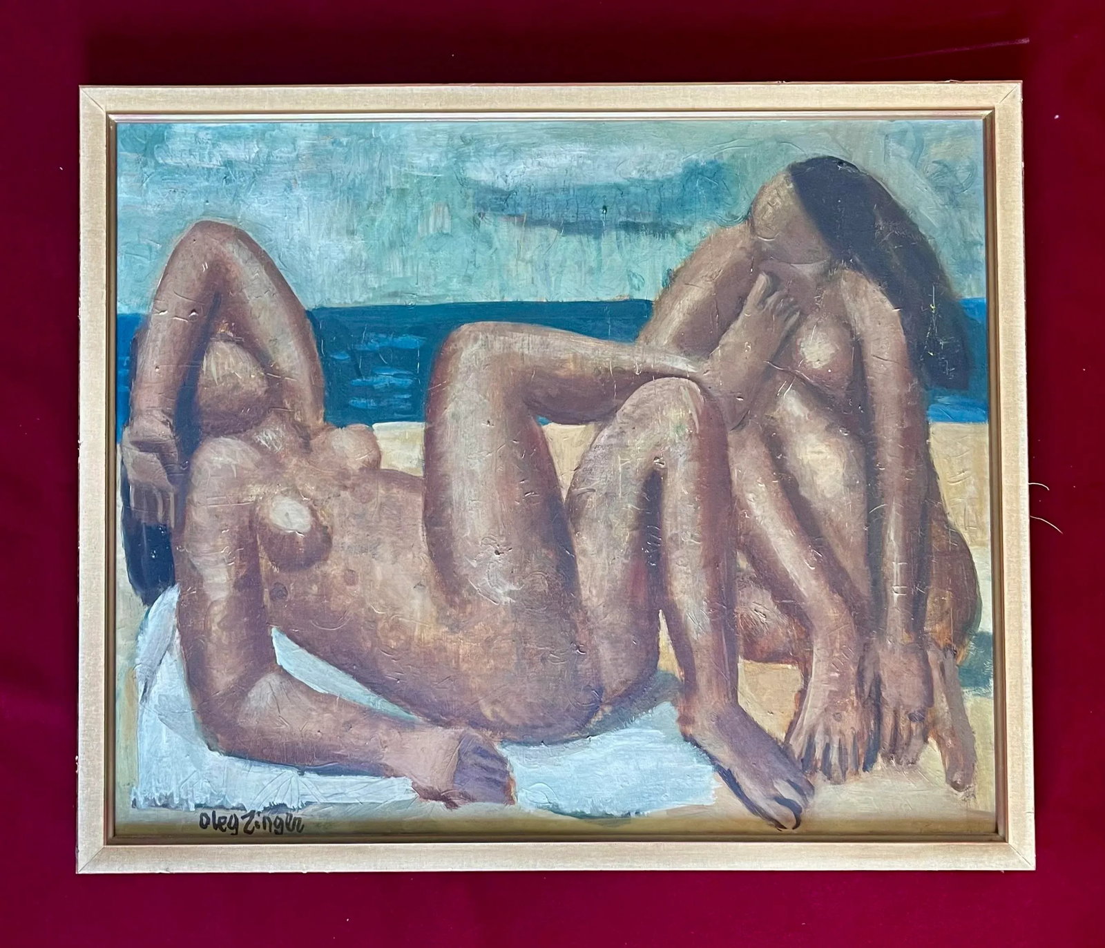 Oleg Zinger Oil Painting Sign Cubism Naked Women on the Beach 1945 France - 11