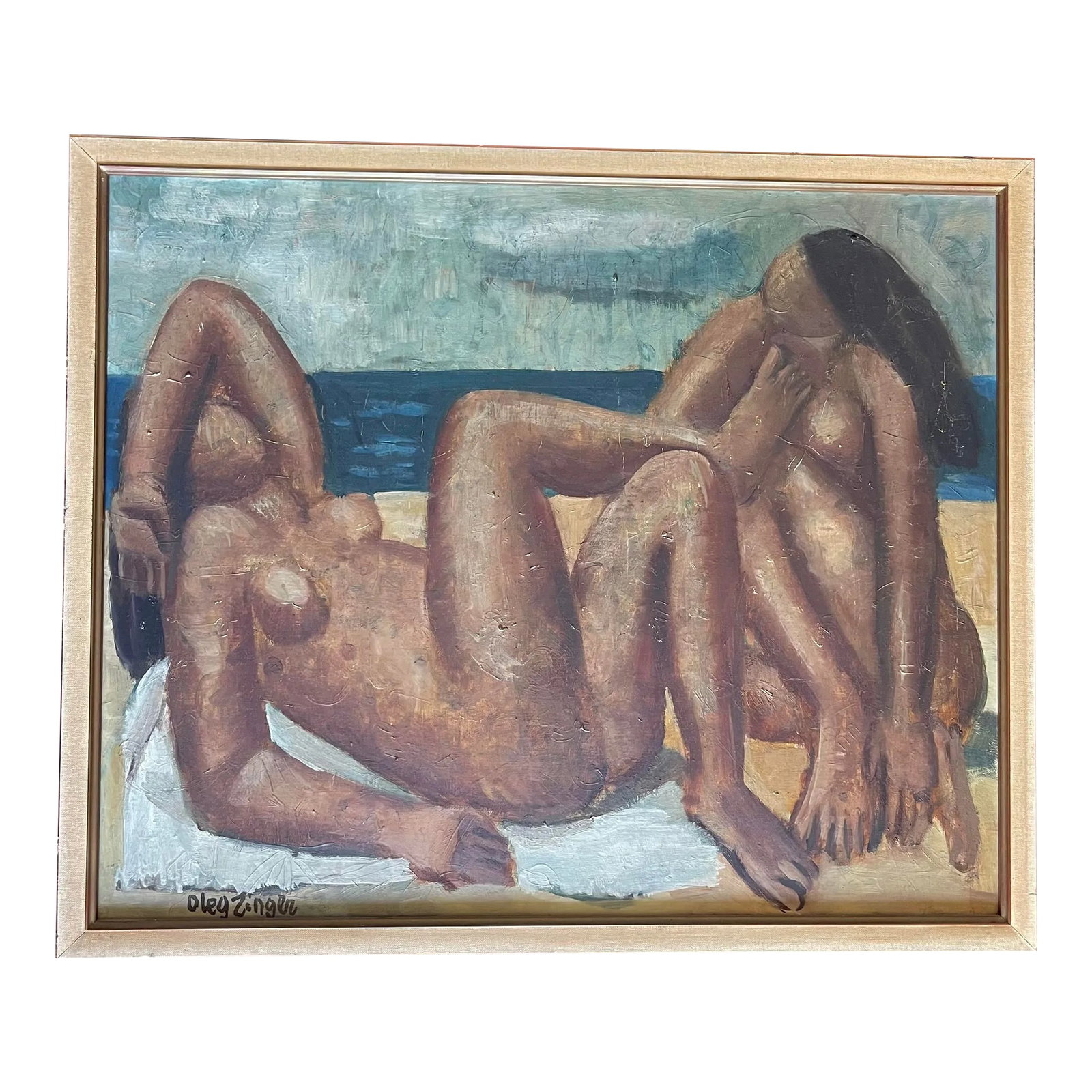 Oleg Zinger Oil Painting Sign Cubism Naked Women on the Beach 1945 France: Oleg Zinger Oil painting Two naked women on the beach signed Oleg Zinger Beautiful mastery for this painting with total Cubism influence in contrasting colors. The women lie on towels in a lascivious