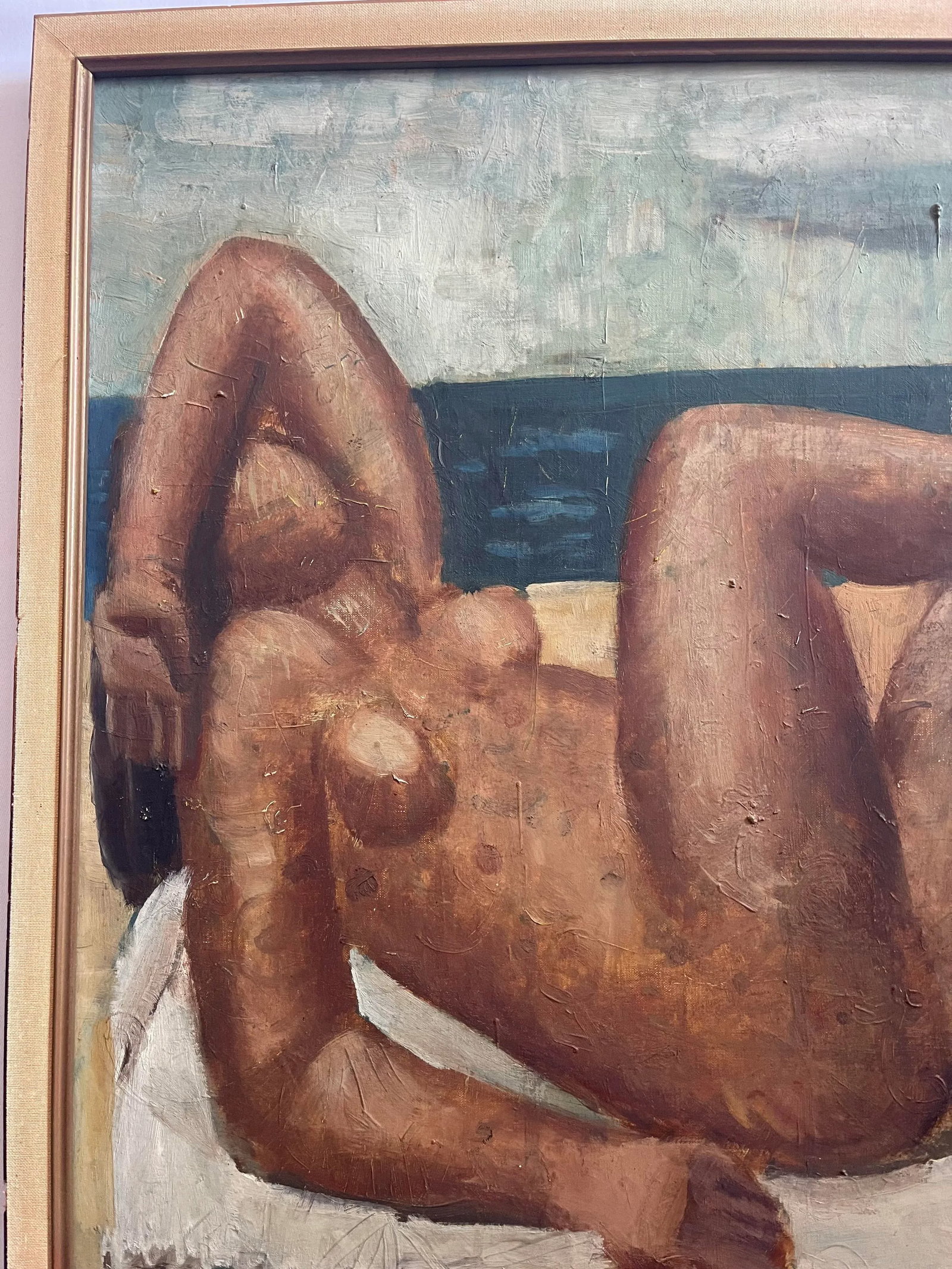 Oleg Zinger Oil Painting Sign Cubism Naked Women on the Beach 1945 France - 2