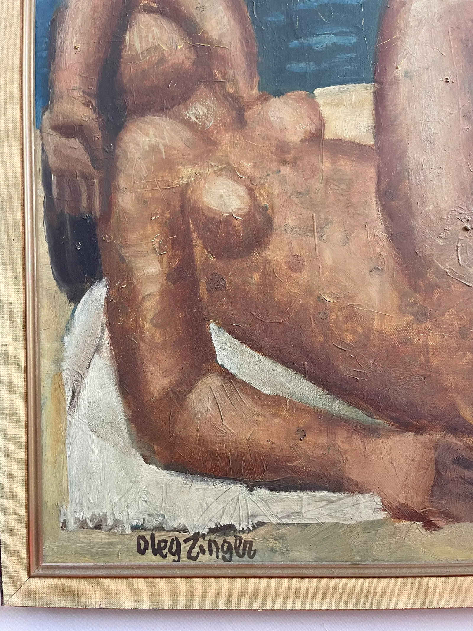Oleg Zinger Oil Painting Sign Cubism Naked Women on the Beach 1945 France - 5