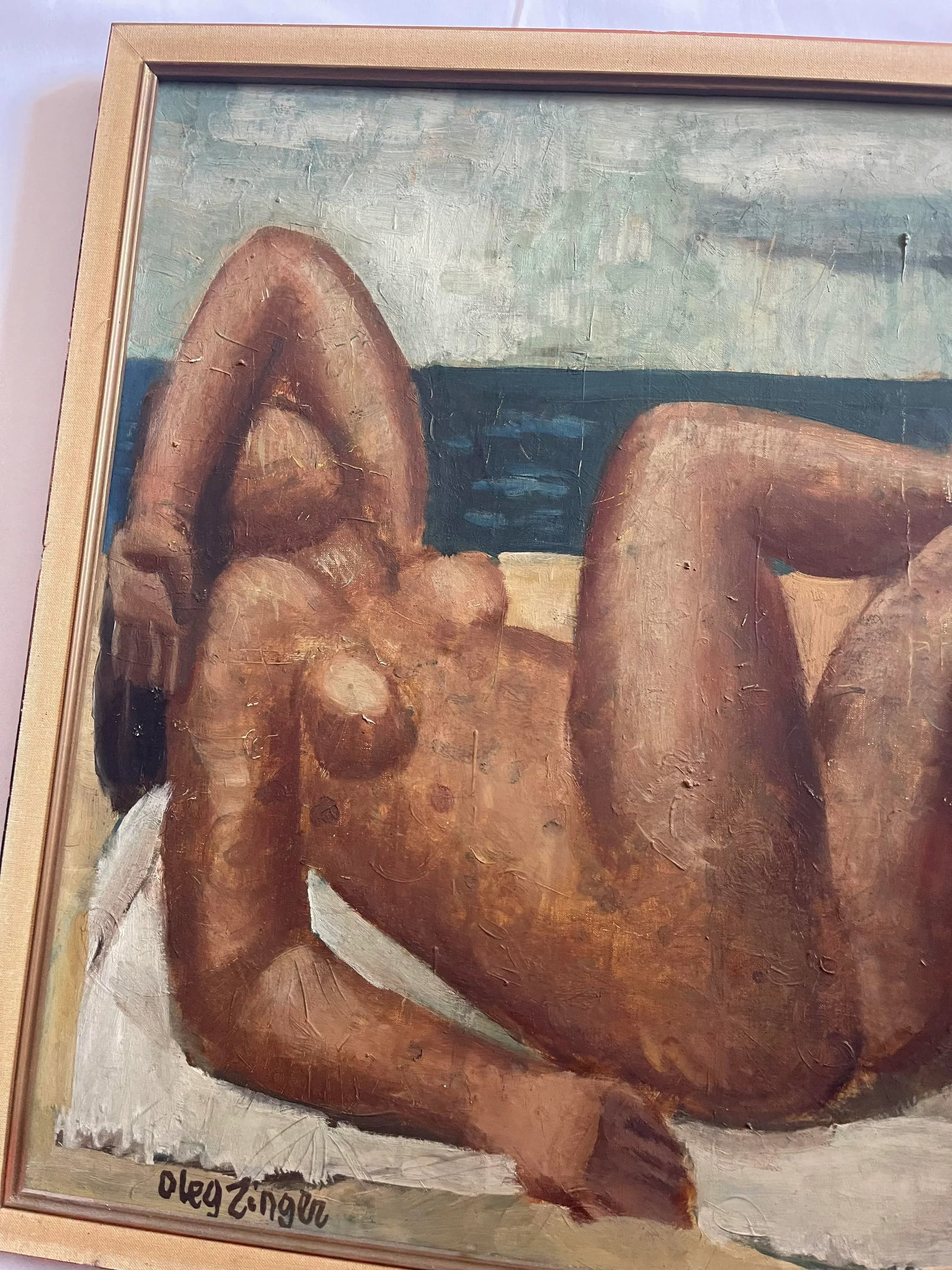 Oleg Zinger Oil Painting Sign Cubism Naked Women on the Beach 1945 France - 7