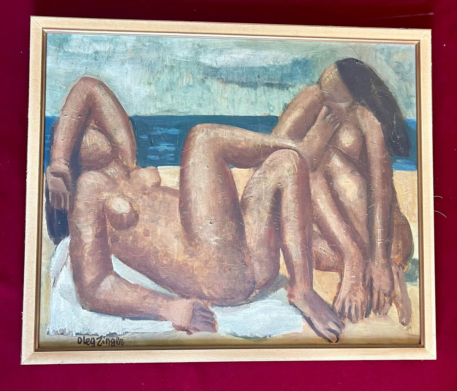 Oleg Zinger Oil Painting Sign Cubism Naked Women on the Beach 1945 France - 9
