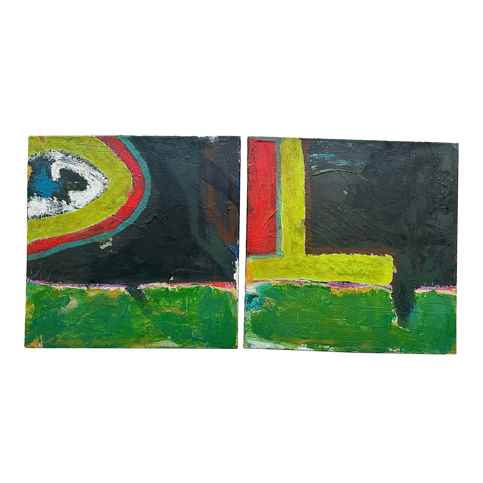Modern Abstract Diptych on Canvas: A vibrant abstract diptych painting titled "Terrestrial Wanderings #4", composed of gestural shapes and color blocking, by artist and designer Roderick Coles. Performed on canvas panels with acrylic