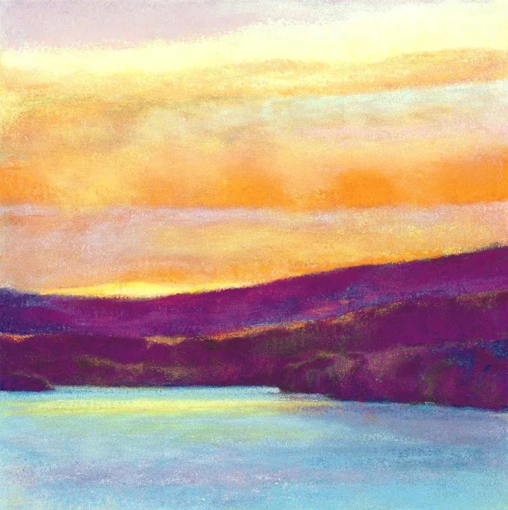 "Evening Glow" Vintage Landscape Archival Giclee Print by Ken Elliott: Ken Elliot's focus is the landscape and its rich store of ideas and inspiration. He is compelled to work from the trees, skies, lakes, and streams in their endless variations. He doesn't try to