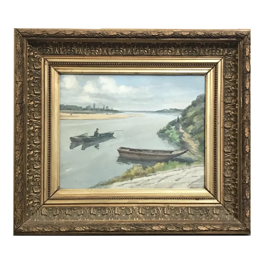 French Signed Watercolor Painting of a Fishing Scene on a River: French Signed Watercolor Painting: Fishing Scene on a River. Signature not readable. Bought in Montpelier, France. Stunning gold ornate frame! DETAILS Country: France Condition: Very Good Year: 1900