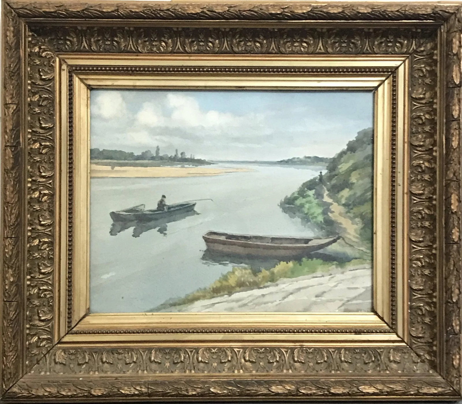 French Signed Watercolor Painting of a Fishing Scene on a River - 2