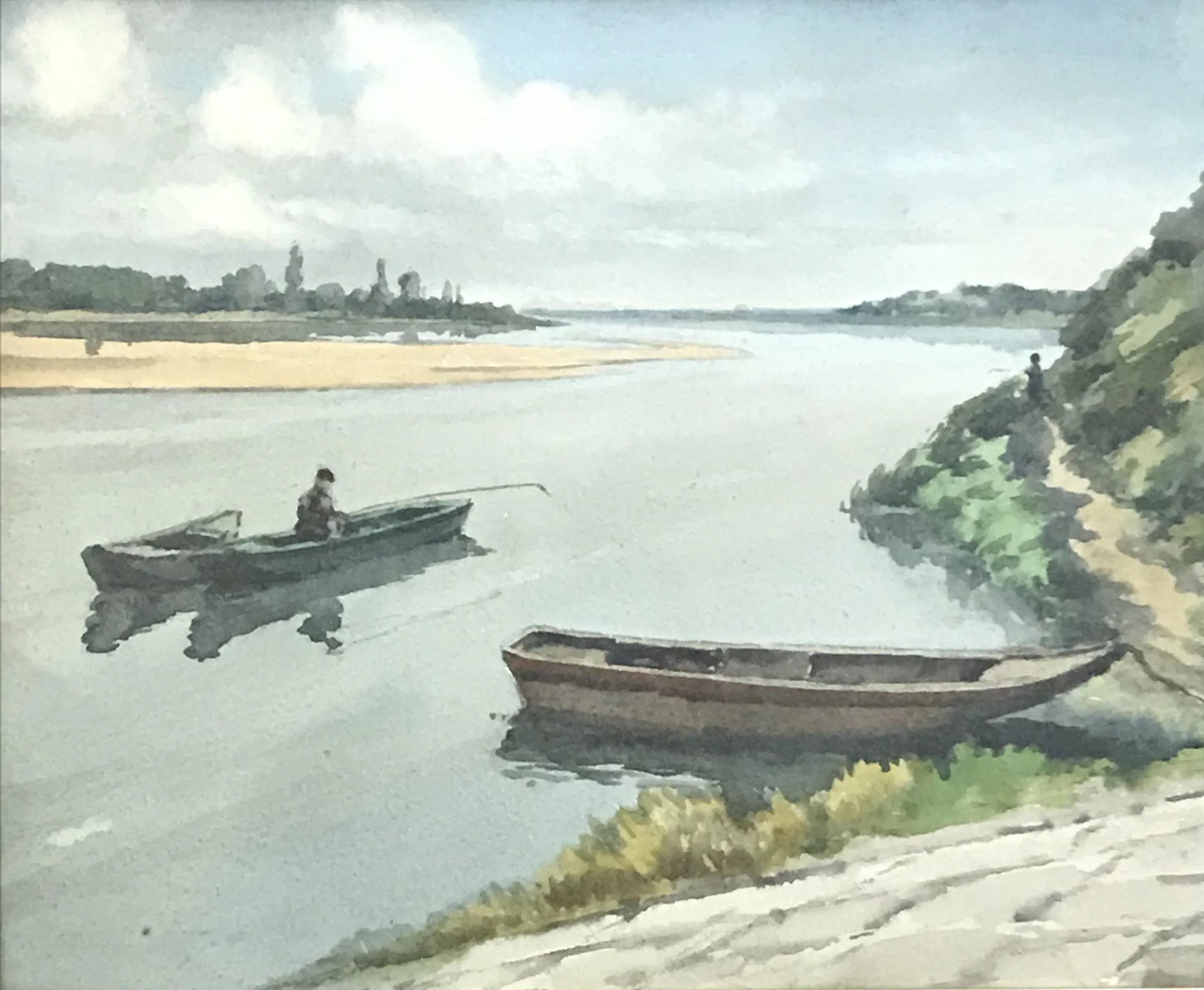 French Signed Watercolor Painting of a Fishing Scene on a River - 3