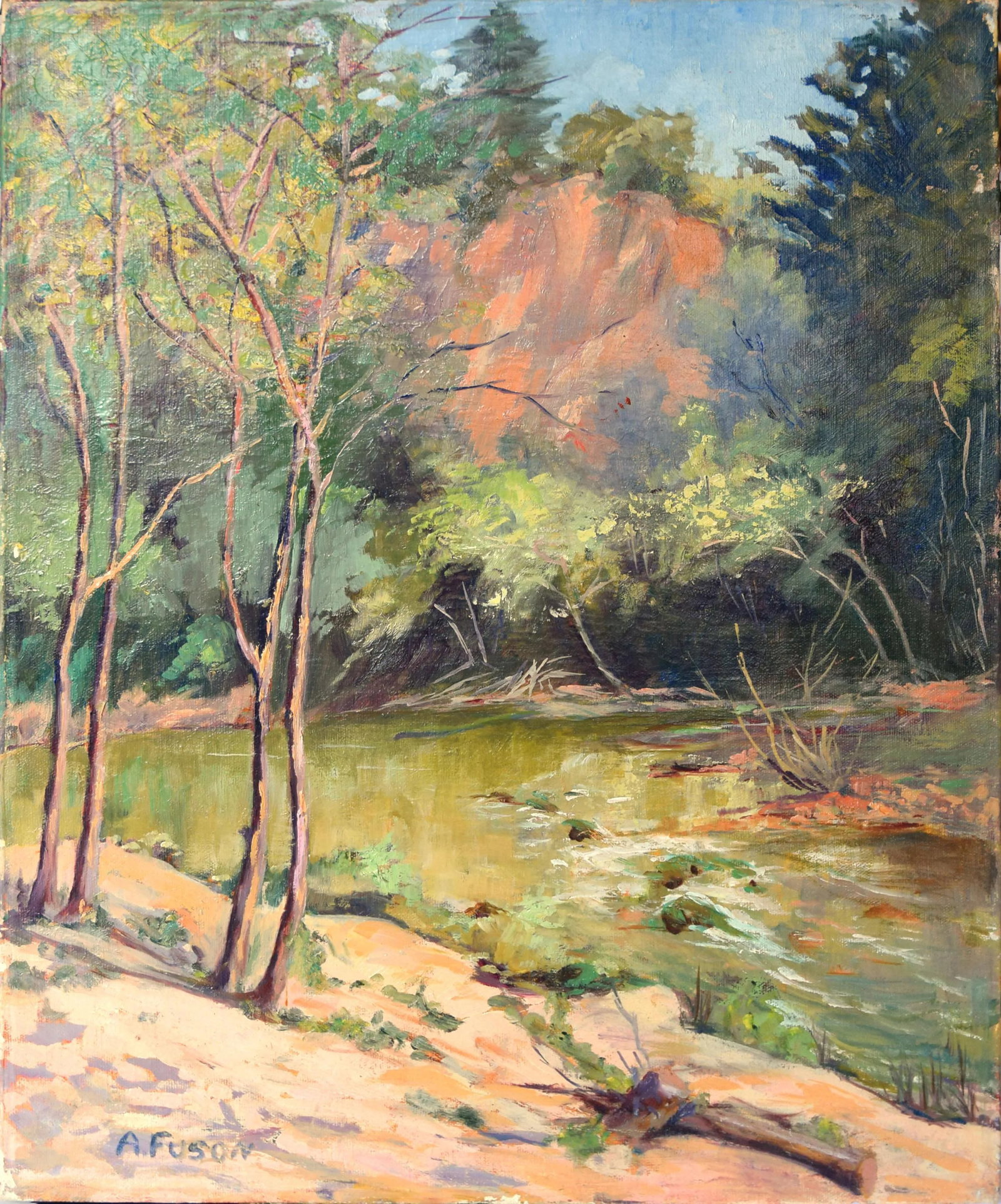 1950s Vintage California Forest and Stream Painting: Beautiful oil painting of trees and a stream in a forest. Circa 1950s. Signed "A. Fuson" lower left. Unframed. A Santa Cruz county oil painter during the 1930 to 60's. Condition: Condition Notes: