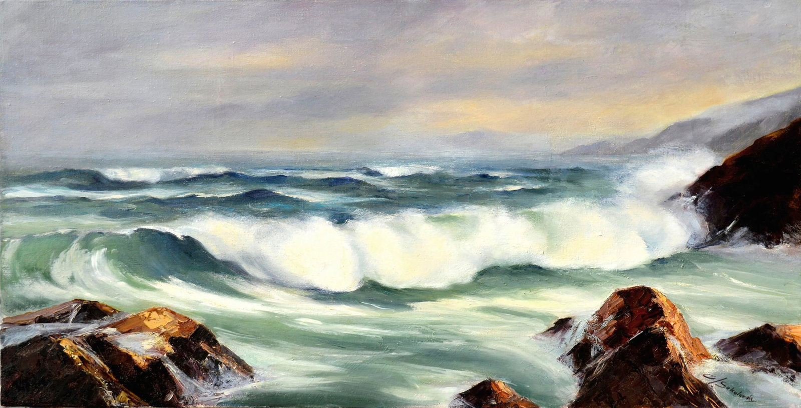 Davenport Seascape by Sokolovsky: Gorgeous seascape of Davenport, California by artist C. Sokolovsky (American, 20th Century), circa 1980. Unframed. Image, 15"H x 30"W. Condition: Alterations: Original Condition Unaltered