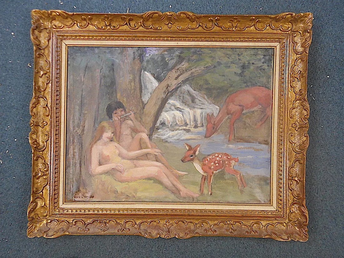 Original Signed Vintage Impressionist Oil on Canvas-Nude Couple in Pastoral Setting-Christie's Tag - 10
