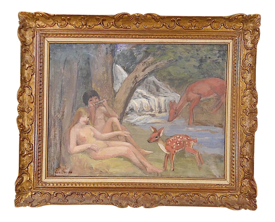 Original Signed Vintage Impressionist Oil on Canvas-Nude Couple in Pastoral Setting-Christie's Tag: This captivating vintage signed impressionist oil on canvas by the listed artist Marthe van Deryken (Dutch, 1892-1981) came out of an upscale estate in Cincinnati. it depicts a nude couple in a