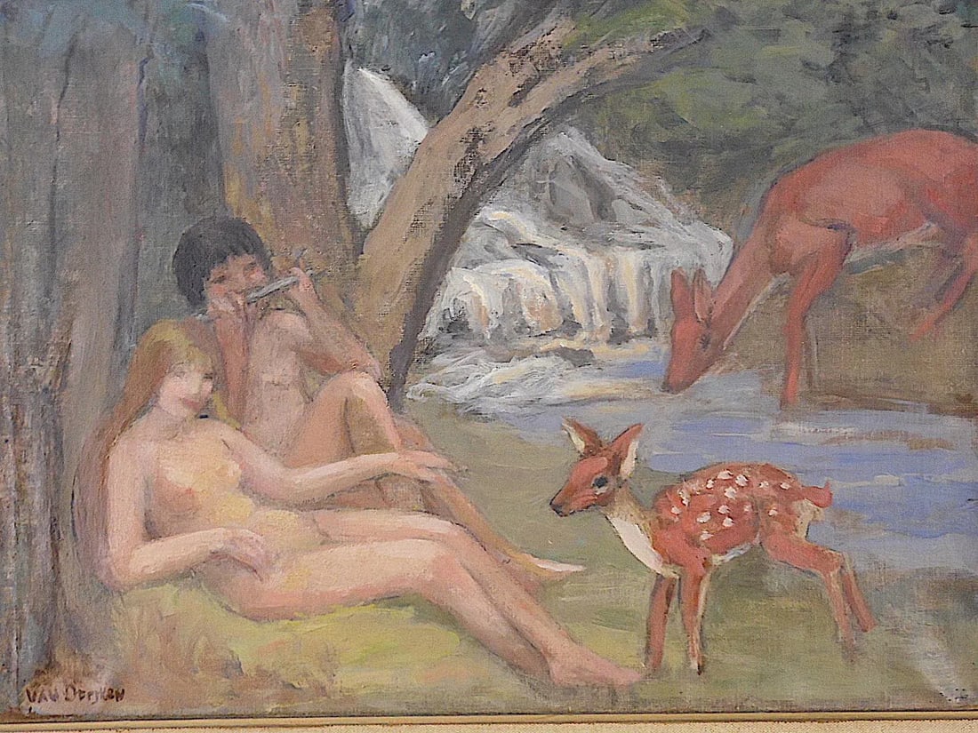 Original Signed Vintage Impressionist Oil on Canvas-Nude Couple in Pastoral Setting-Christie's Tag - 2