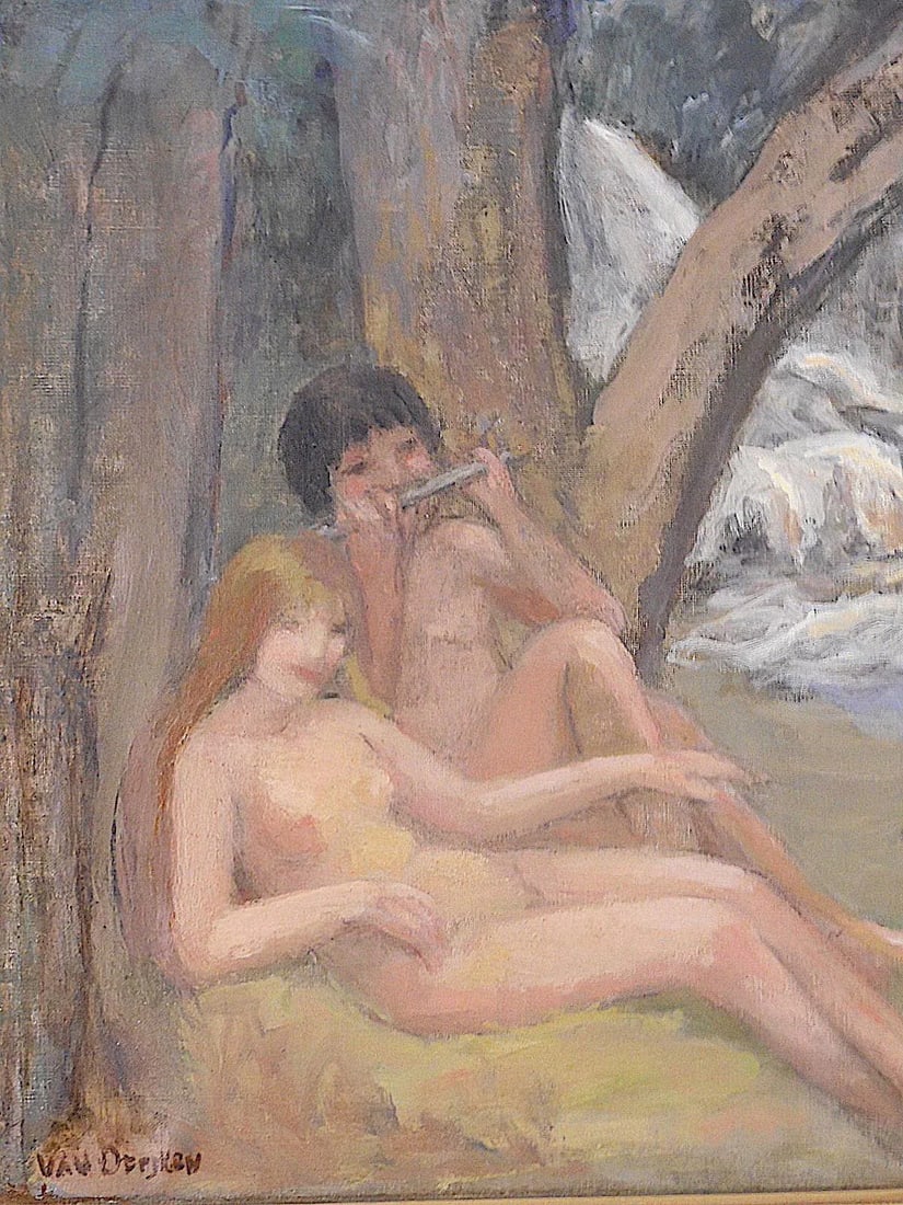 Original Signed Vintage Impressionist Oil on Canvas-Nude Couple in Pastoral Setting-Christie's Tag - 3