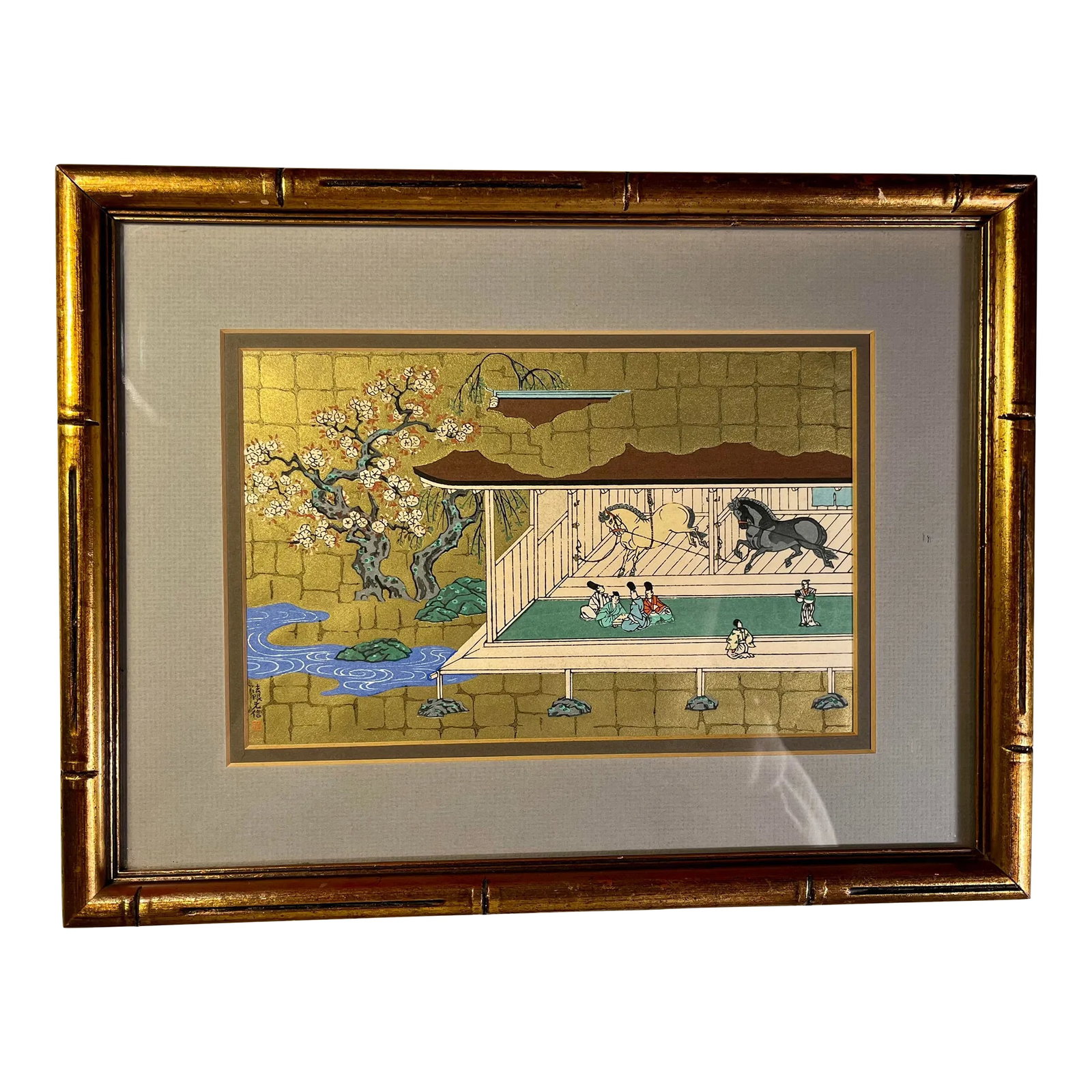 Mid-Century Gold Gilt Japanese Equestrian Horses Woodblock Print Signed & Stamped: Original Mid-Century Gold Gilt Japanese Equestrian Horses Woodblock Print Signed/Stamped Aprox. dimensions: Frame: 14" x 11" Visible print area: 9 1/4" x 6" Very good original condition!