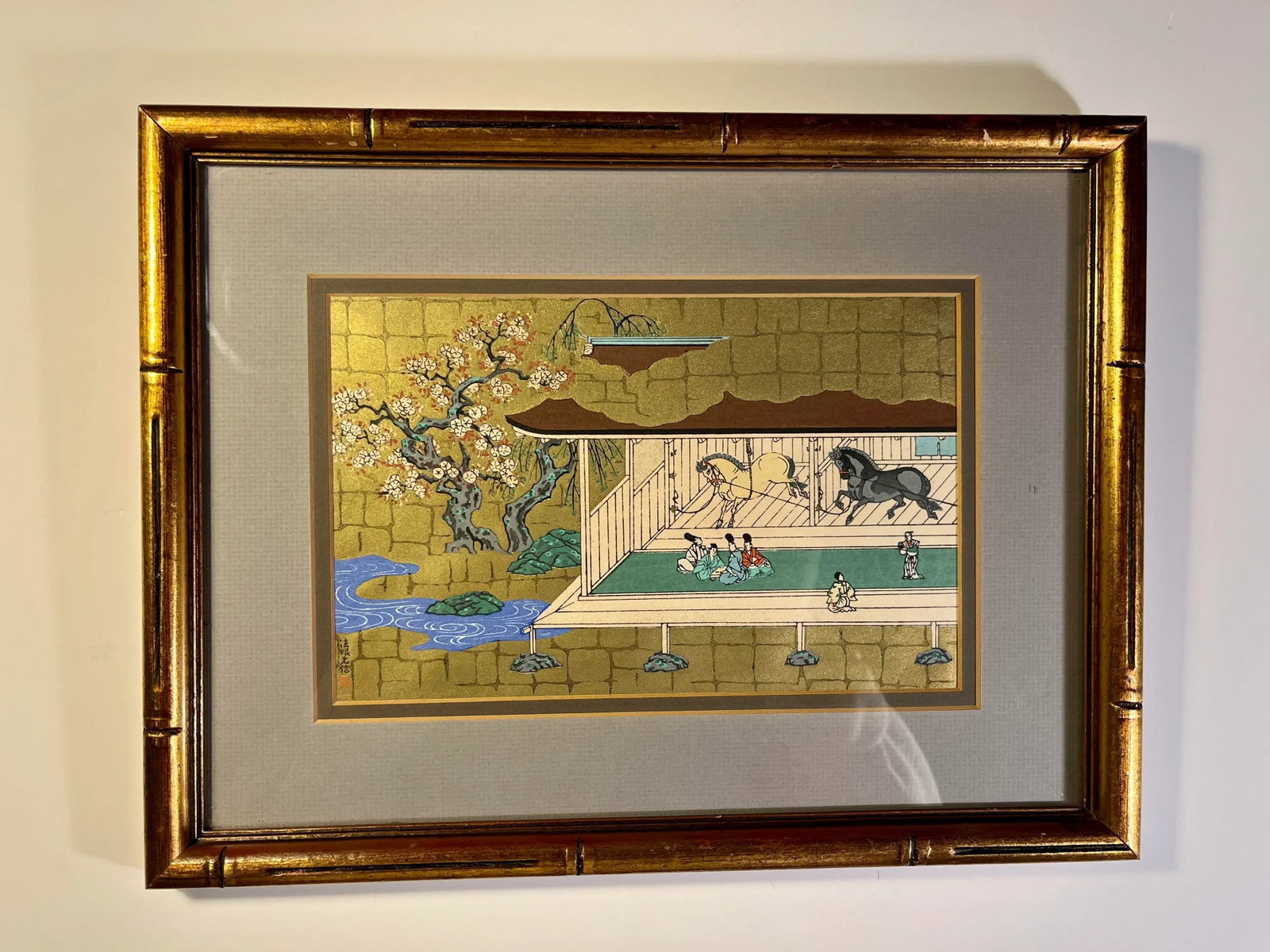 Mid-Century Gold Gilt Japanese Equestrian Horses Woodblock Print Signed & Stamped - 8