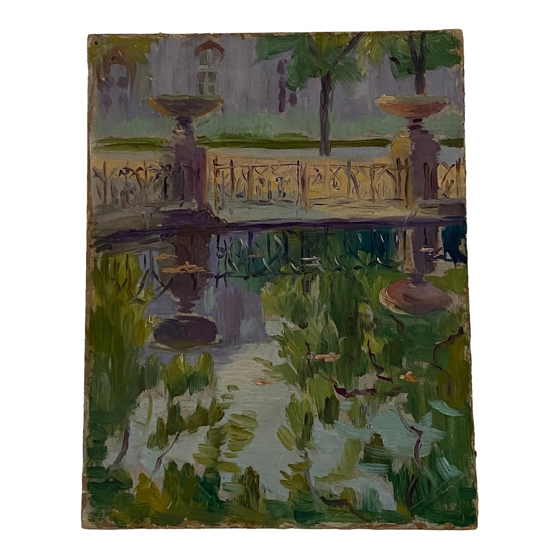 Mid 20th Century Park Scene Oil Painting on Wood Panel: This oil painting is a leaning piece of art, perfect for any shelf or console. Or it can be framed if you'd prefer to hang it. Dimensions: 7-1/8"w x 9-1/8"h. Condition: Alterations: Original
