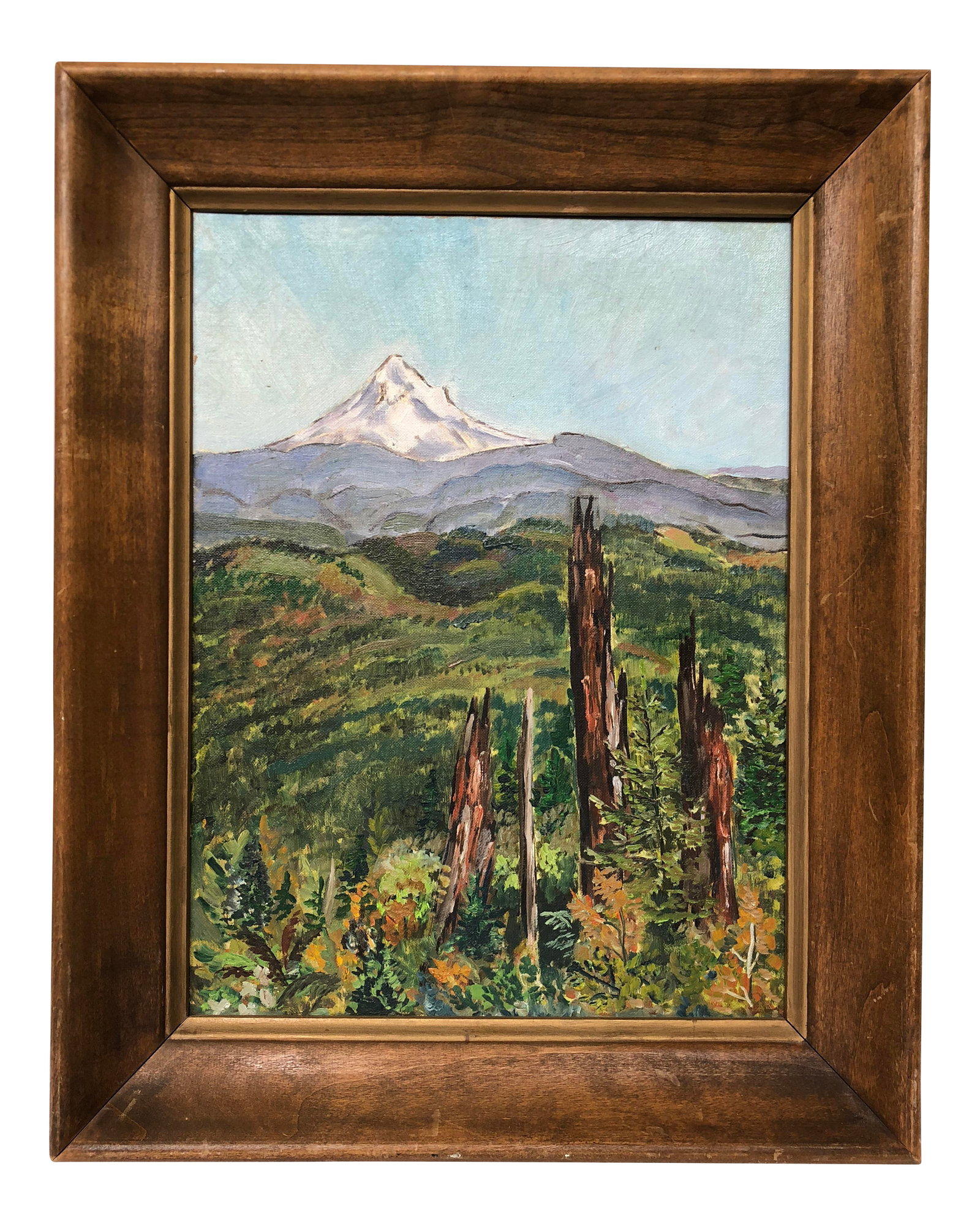 Vintage Landscape Oil Painting: Gorgeous mid-century plein air painting entitled "View from Mt. Livingston." In original vintage wood frame and signed by the artist. Oil on board, ready to hang. Condition: Alterations: Original