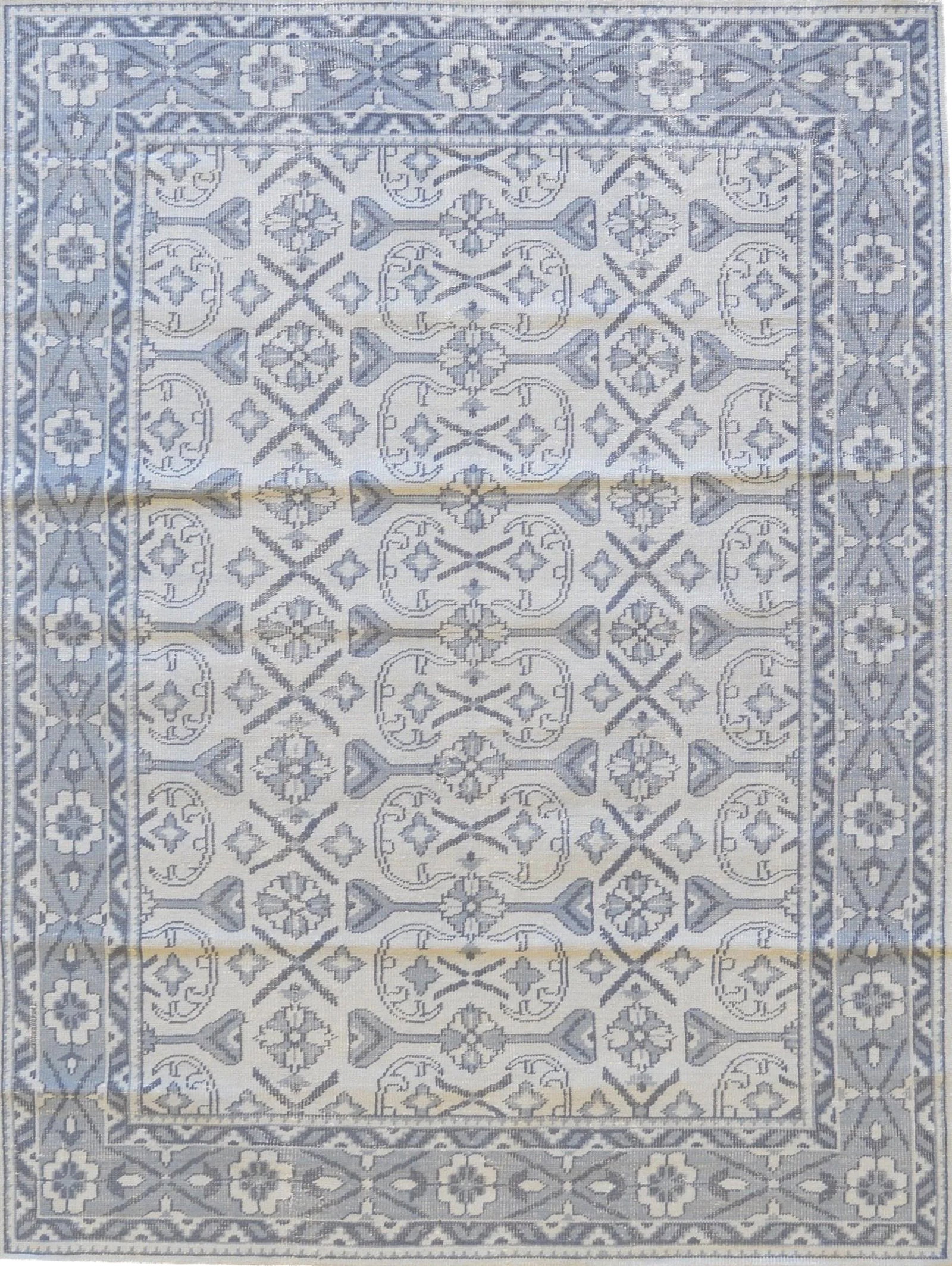 Swedish Mansour Handwoven Wool Rug - 8' X 10': This brand new decorative European design rug handwoven in Kashmir was skillfully created to look aged and distressed. 100% natural wool pile. Condition: Alterations: Original Condition Unaltered Impe