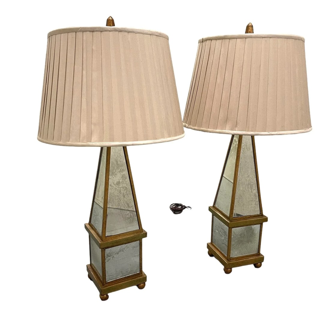 Vintage Italian Antiqued Mirrored Obelisk Lamps With Shades - 10