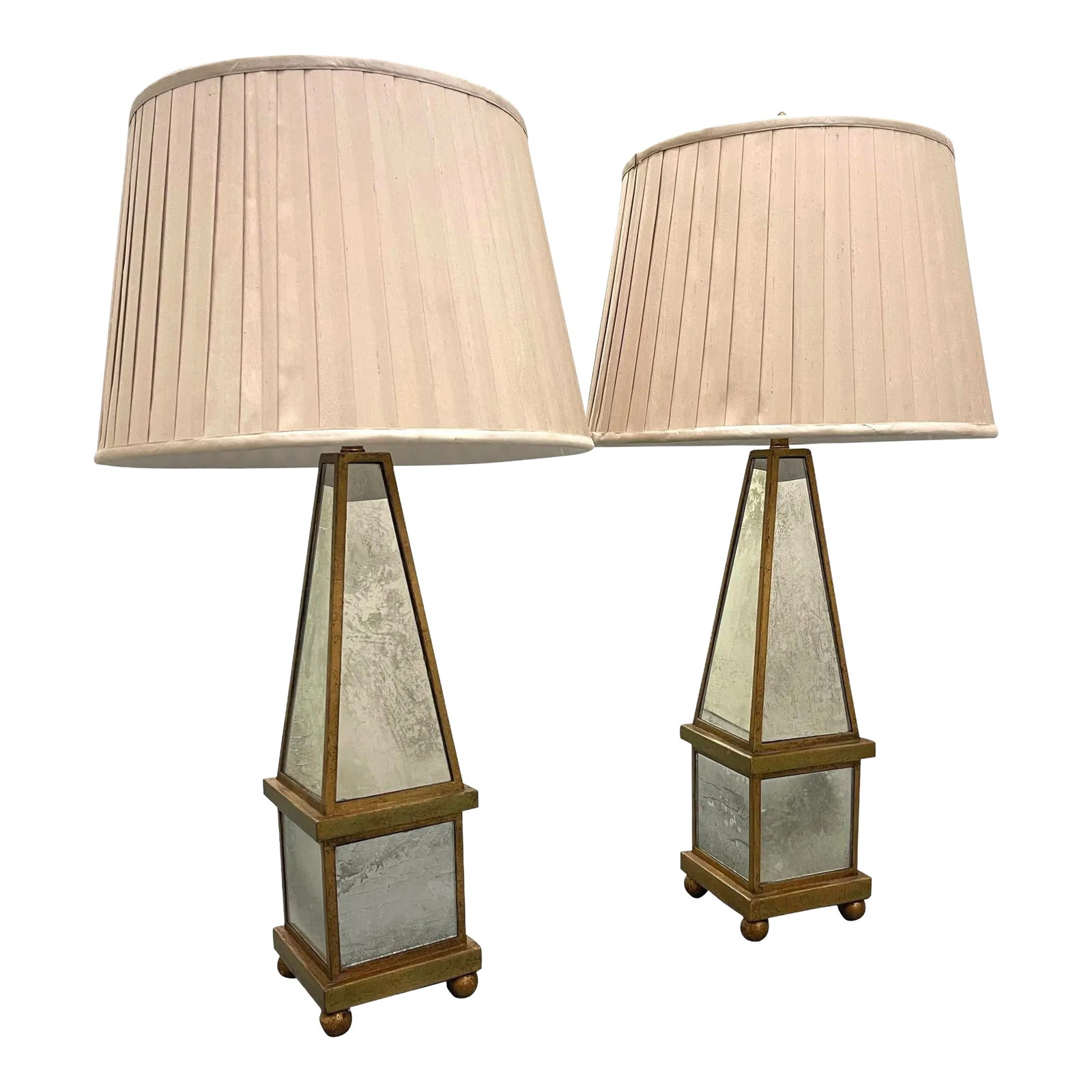 Vintage Italian Antiqued Mirrored Obelisk Lamps With Shades (1 of 11)