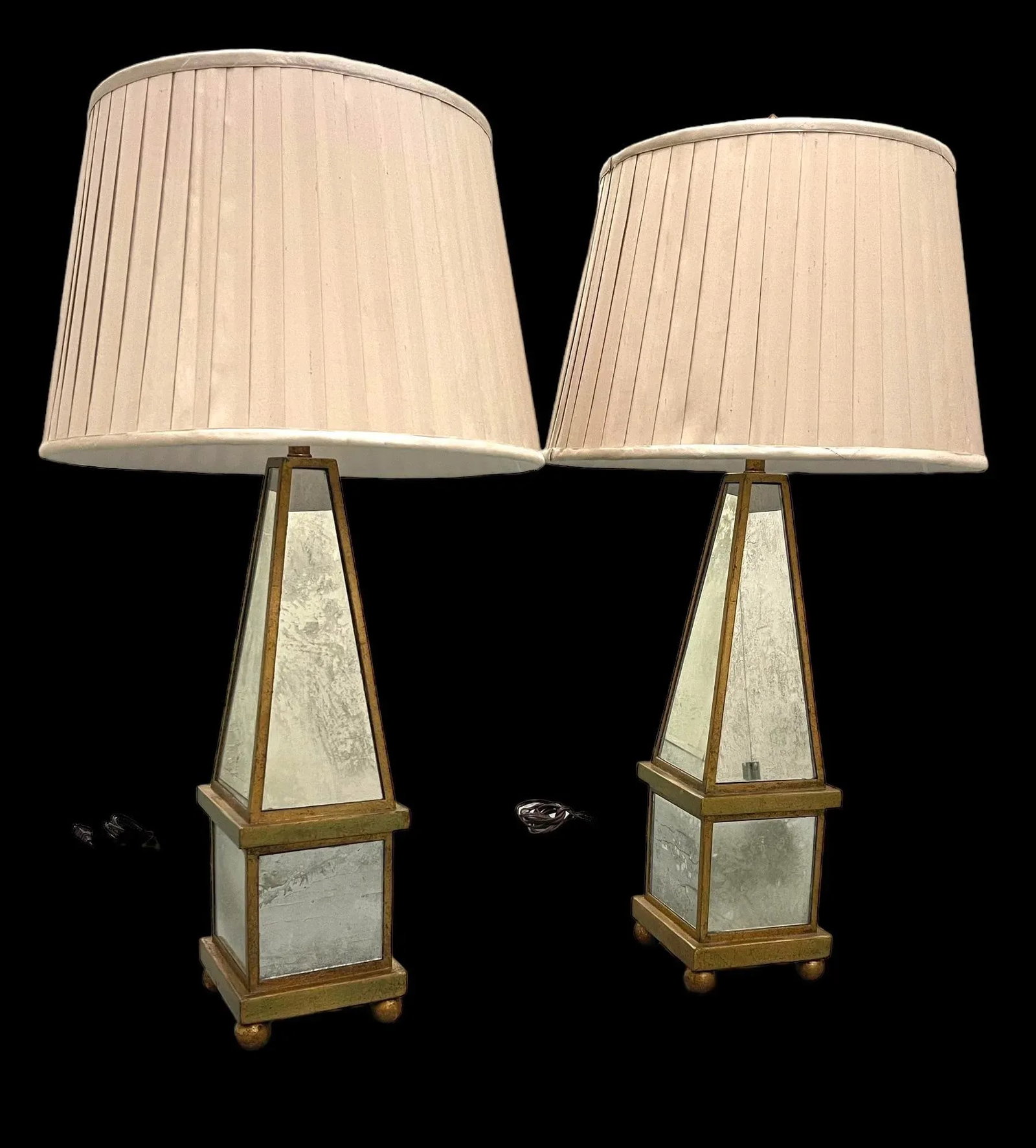 Vintage Italian Antiqued Mirrored Obelisk Lamps With Shades - 2