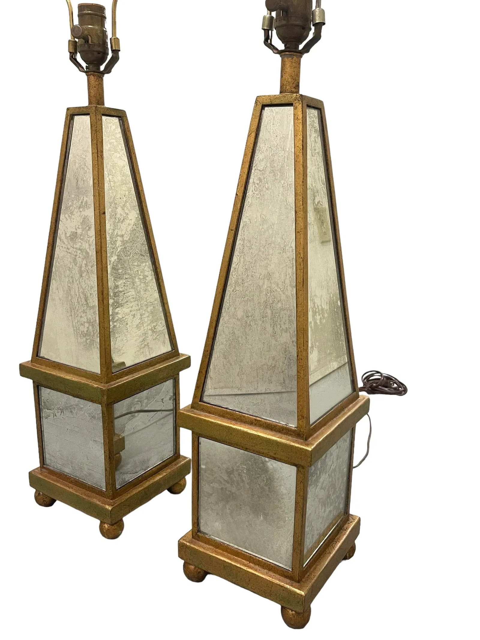 Vintage Italian Antiqued Mirrored Obelisk Lamps With Shades - 3