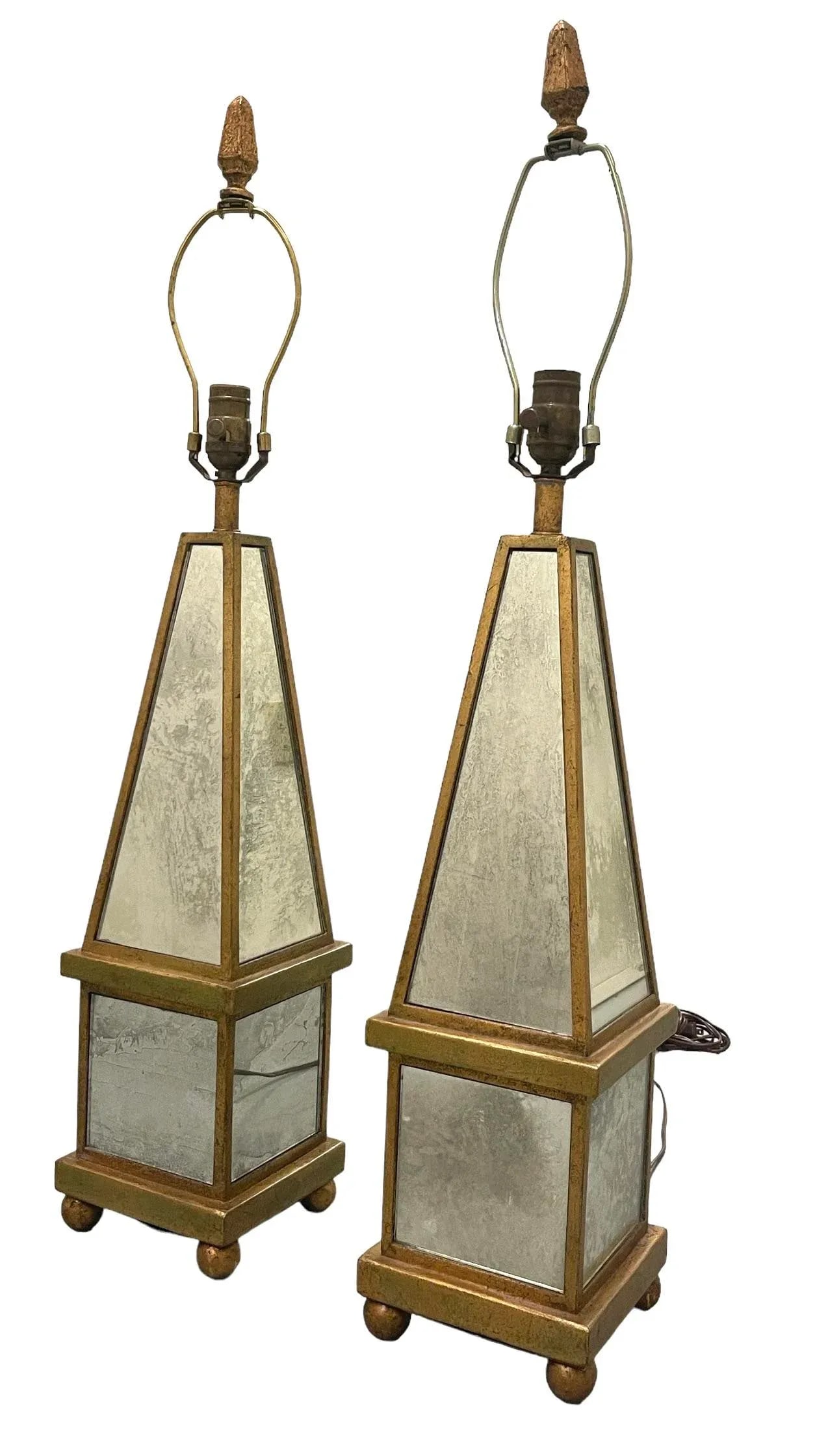Vintage Italian Antiqued Mirrored Obelisk Lamps With Shades - 4