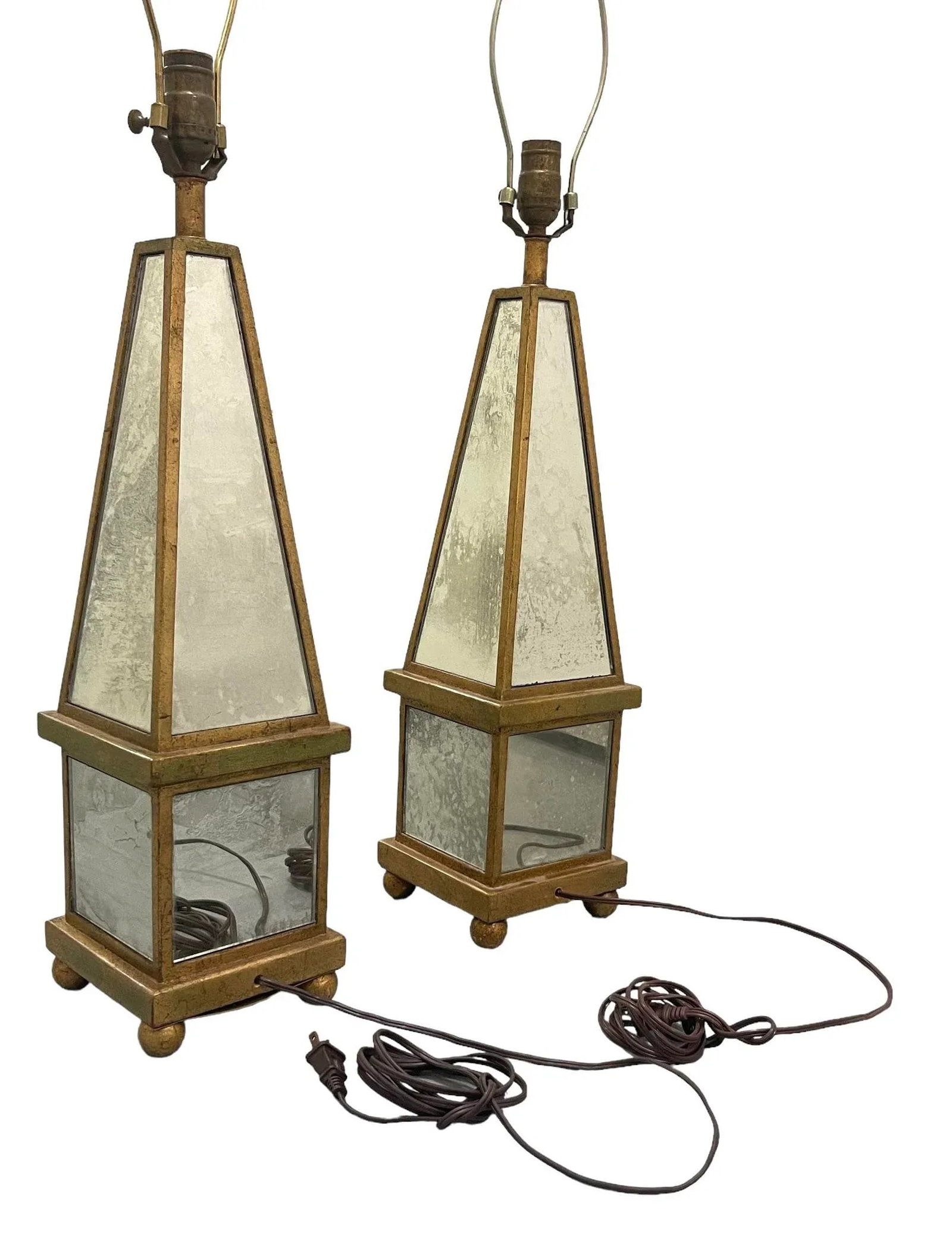 Vintage Italian Antiqued Mirrored Obelisk Lamps With Shades - 5