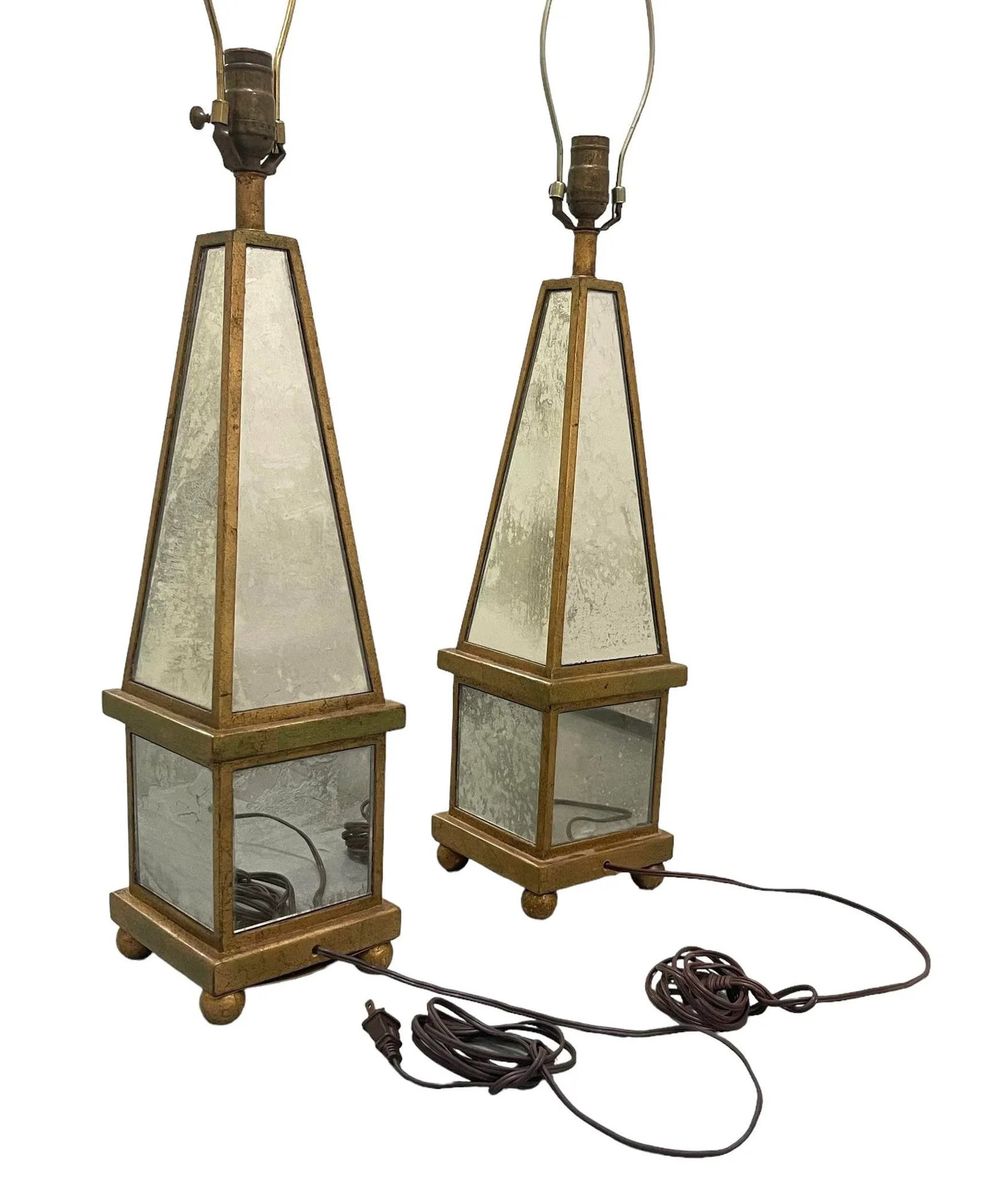 Vintage Italian Antiqued Mirrored Obelisk Lamps With Shades - 6