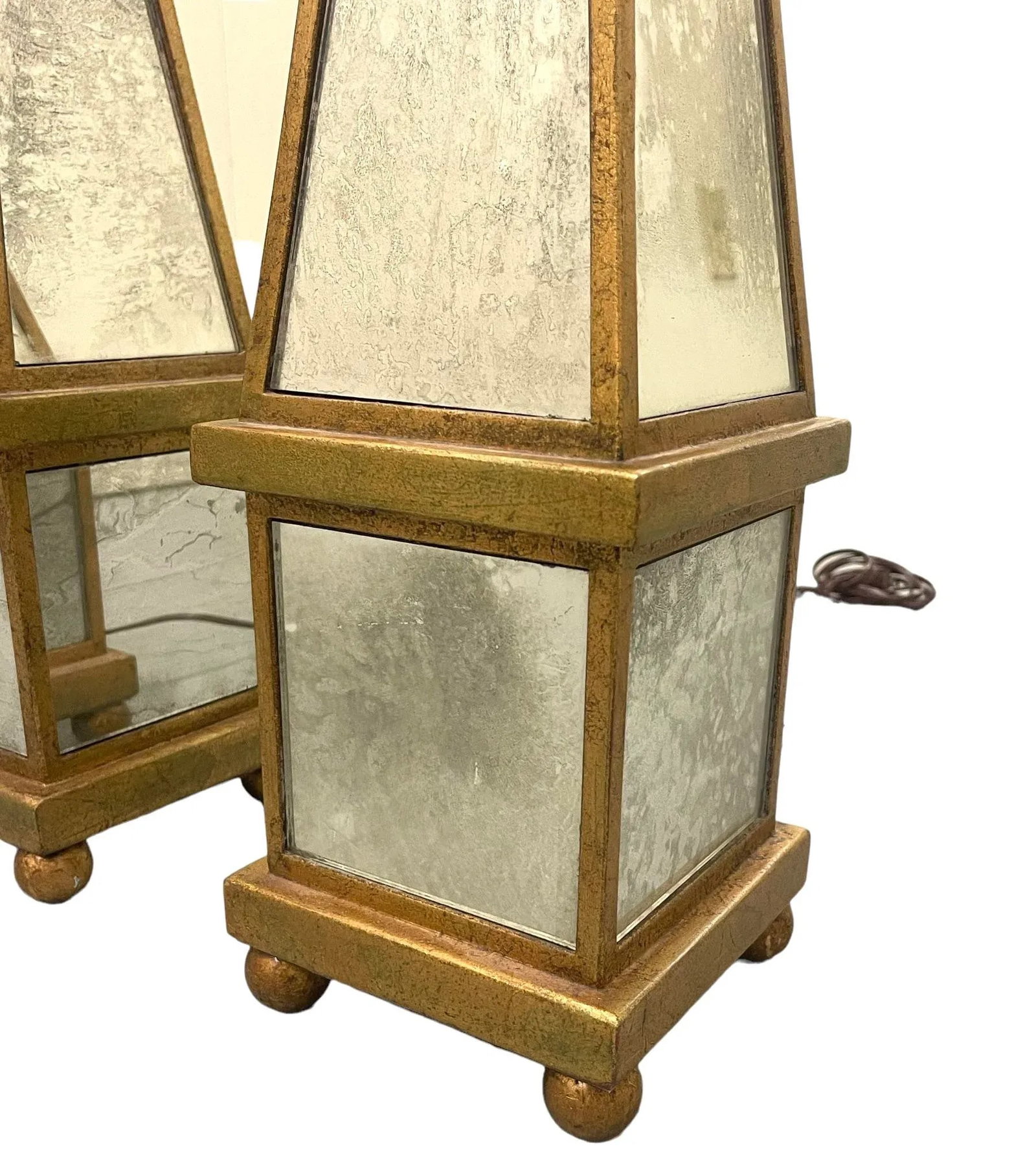 Vintage Italian Antiqued Mirrored Obelisk Lamps With Shades - 7