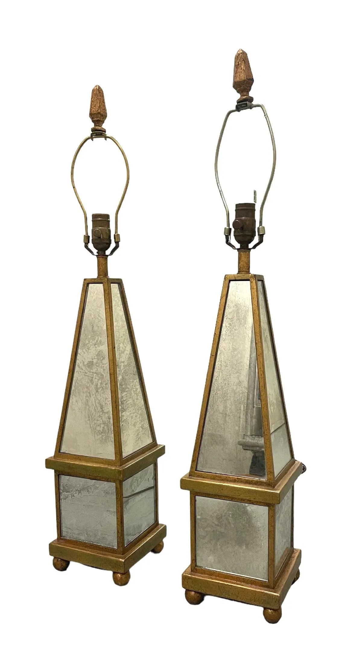 Vintage Italian Antiqued Mirrored Obelisk Lamps With Shades - 8
