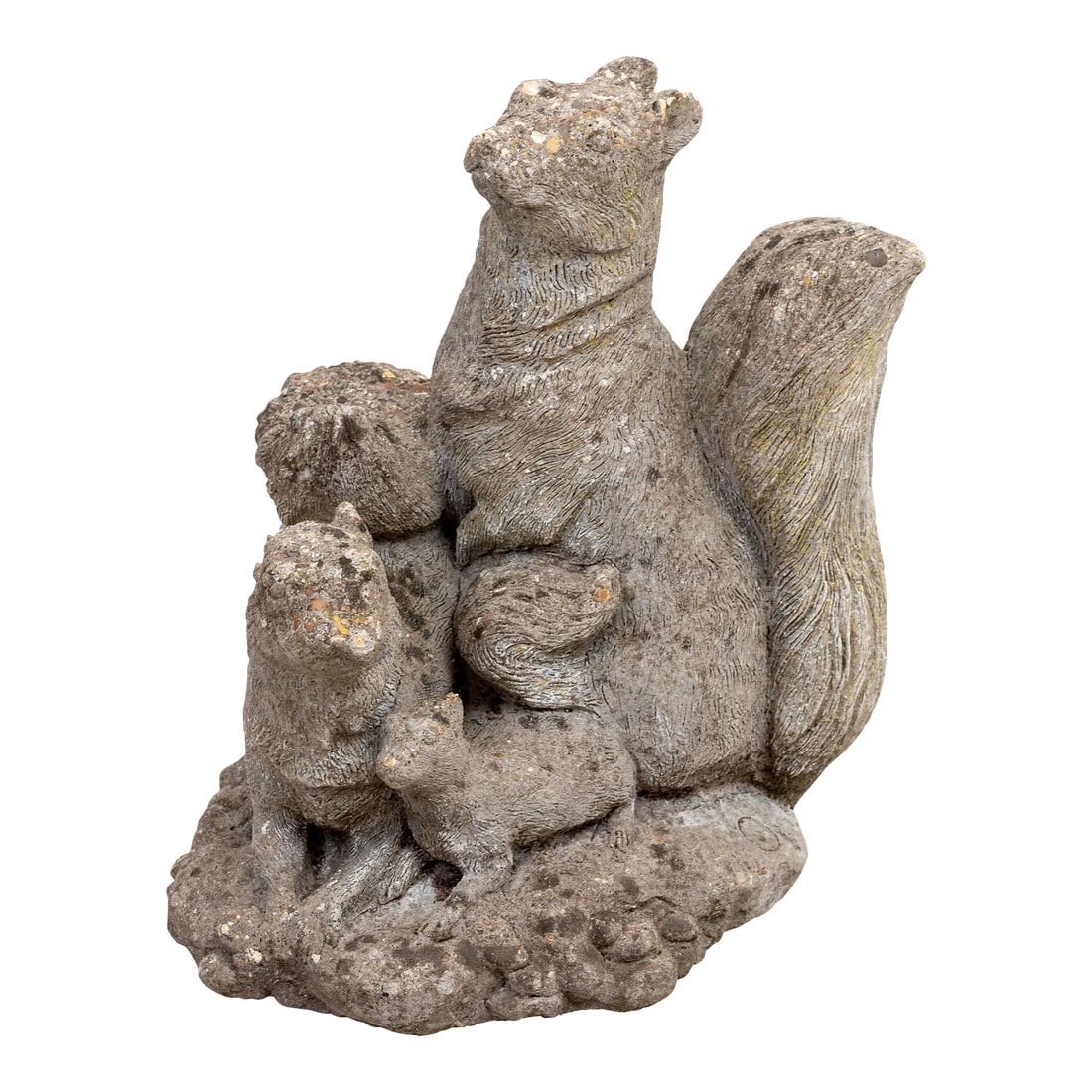 Squirrel Family Garden Ornament: This remarkable mid-20th century Belgian garden ornament captures the essence of a playful family of squirrels. Meticulously crafted from durable concrete, these lifelike sculptures showcase intricate