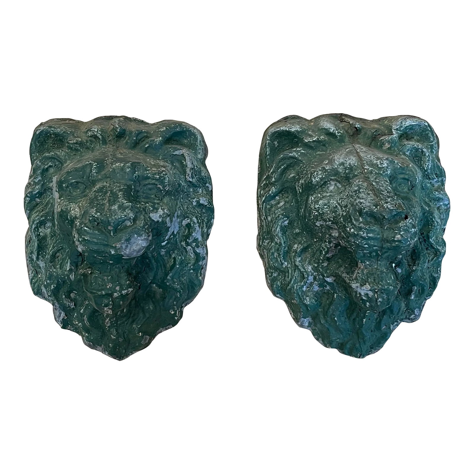 Antique Zinc Architectural Lion Heads - a Pair: Early 20th zinc architectural element lion heads. Chippy painted British racing green. From a now defunct hotel. Impressive inside or on a garden wall. Condition: Alterations: Original Condition Unalt