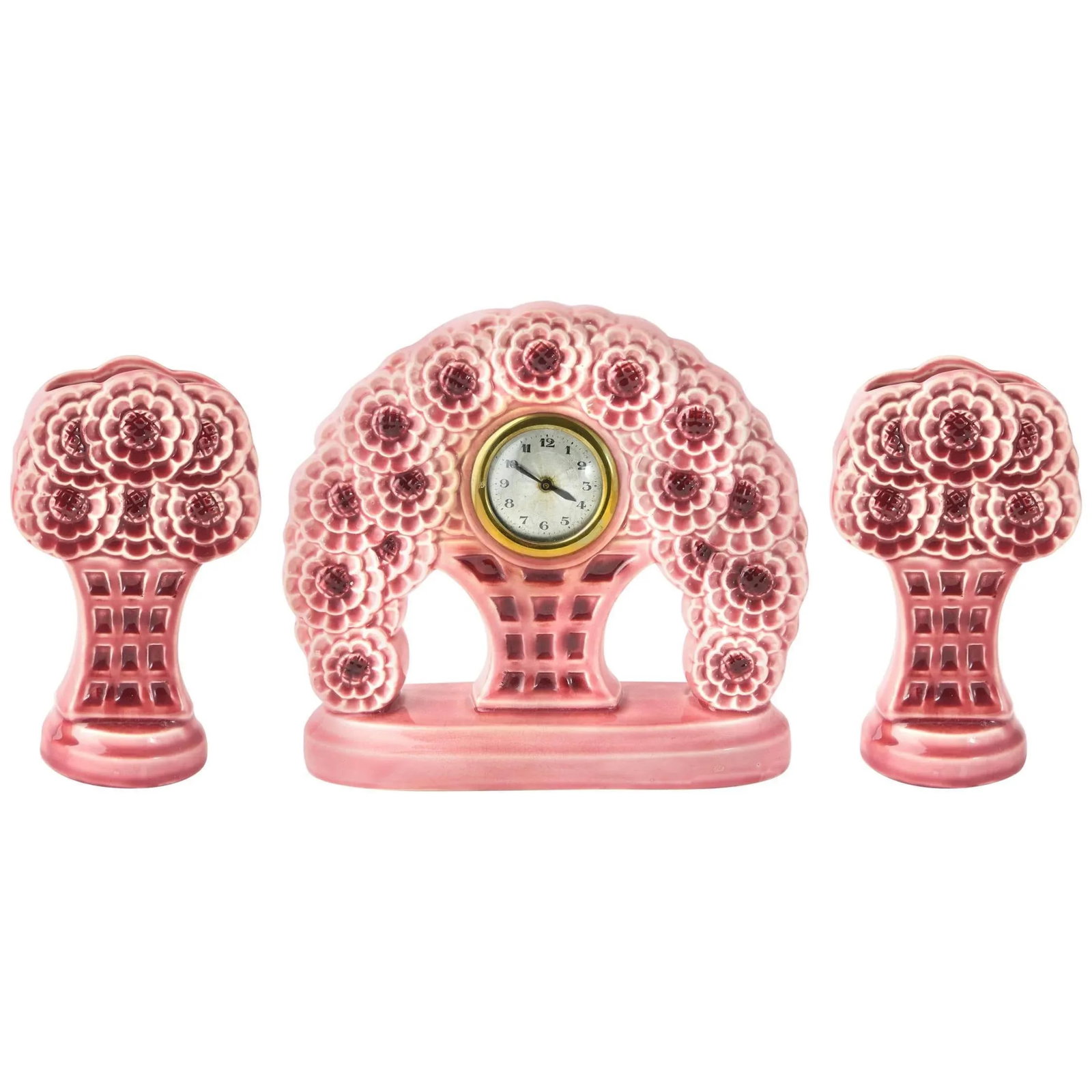 19th Century Art Nouveau Majolica Floral Dresser Mantel Clock and Garniture Set - 3 Pieces - 11
