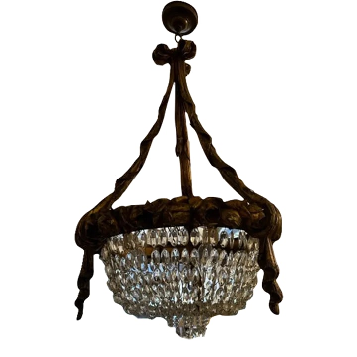 1940s French Wood With Gilt Finish Chandelier: This is the most beautiful and unique chandelier in my shop right now. The frame is a hand carved wood with a gilt finish that is depicting ribbon tied in a bow at the top with swag draped down over