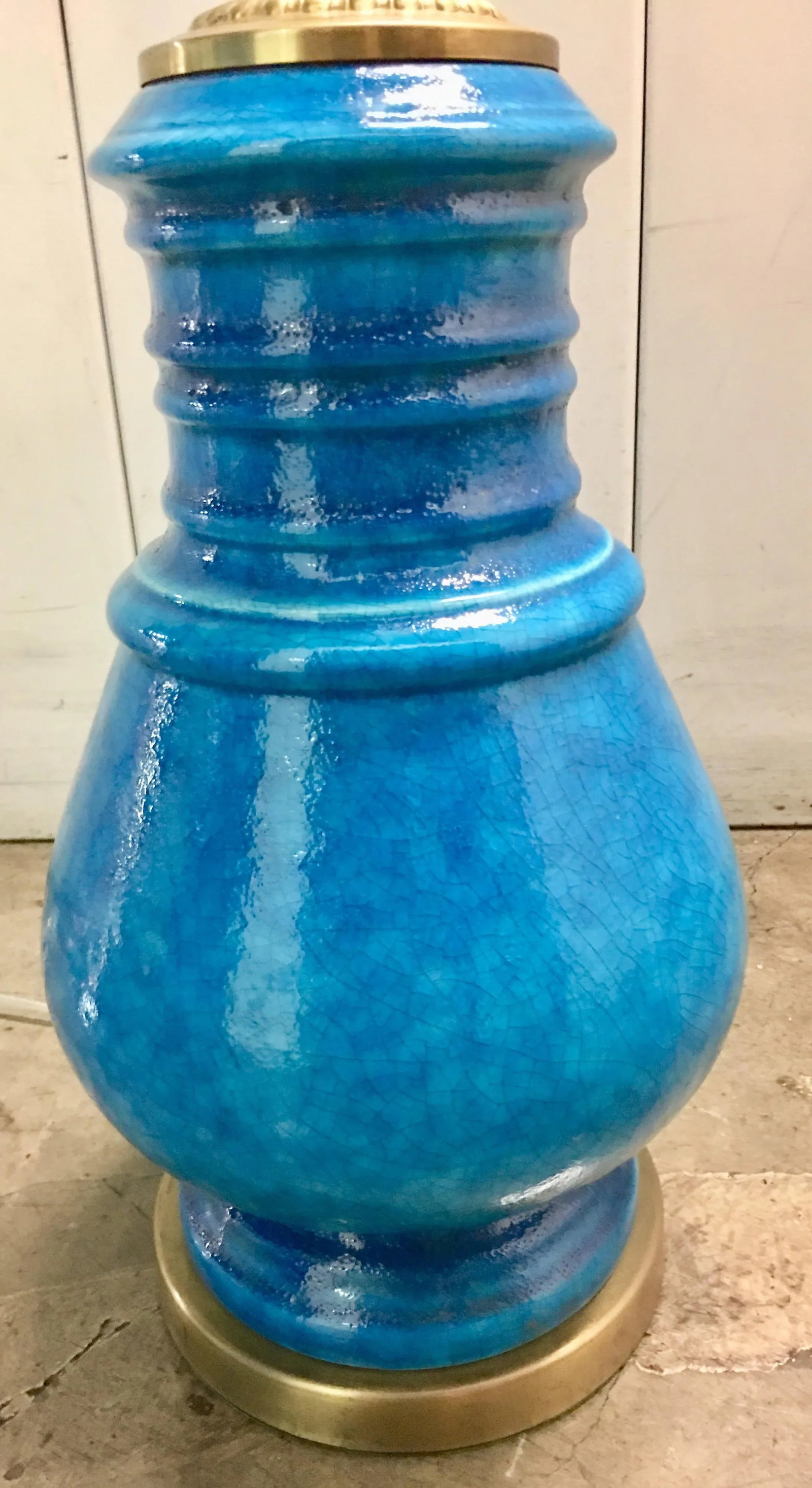 Mid-Century Turquoise Ceramic and Brass Lamp - 3