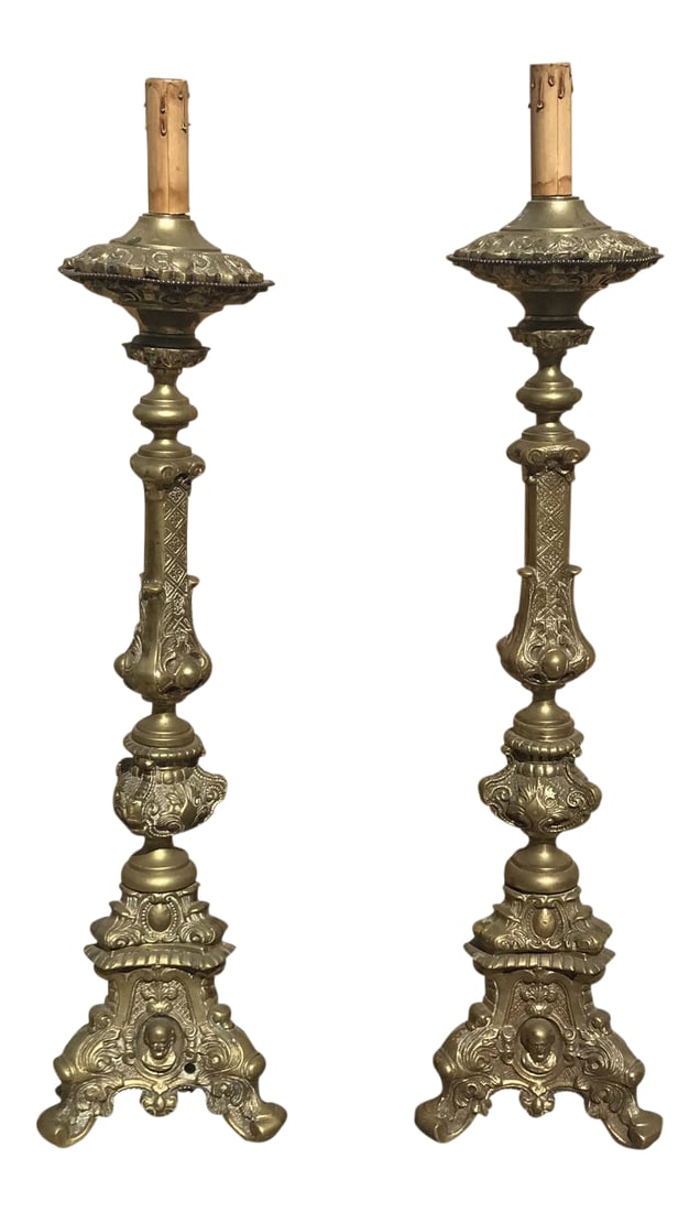 19th Century Bronze Candlestick Lamps - A Pair: 19th C. Bronze Ecclesiastical Candle Stick Lamps . Ornate and detailed. Condition: Condition Notes: Excellent - Minor wear consistent with age and history Creator: Brand: Tomlinson Materials &