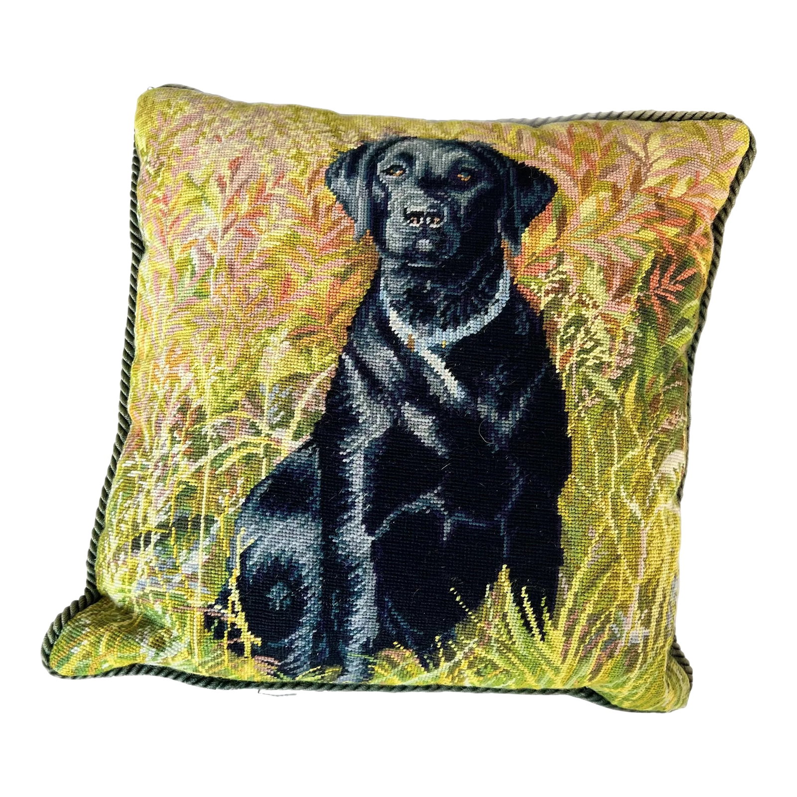 Vintage Needlepoint Black Labrador Retriever Pillow: A fantastic black Labrador Retriever vintage needlepoint. With a dark teal background velveteen back. Welcome to Solid Gold Velvet Interiors! We are so happy to have you. We are a small curated shop