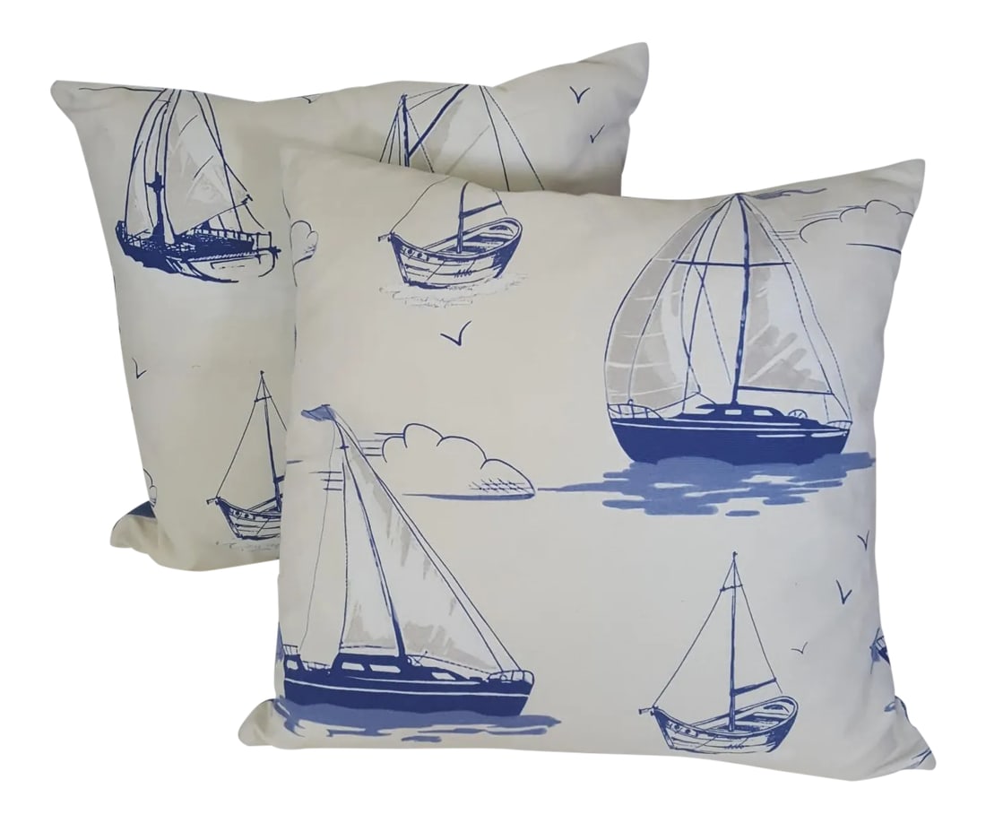 Blue Sailboat Accent Pillows - a Pair: This pair of sailboat pillows were made in Wales, U.K., by a small cottage designer/manufacturer owned by a lovely couple. The covers have a hand painted look. Each pillow is different because they