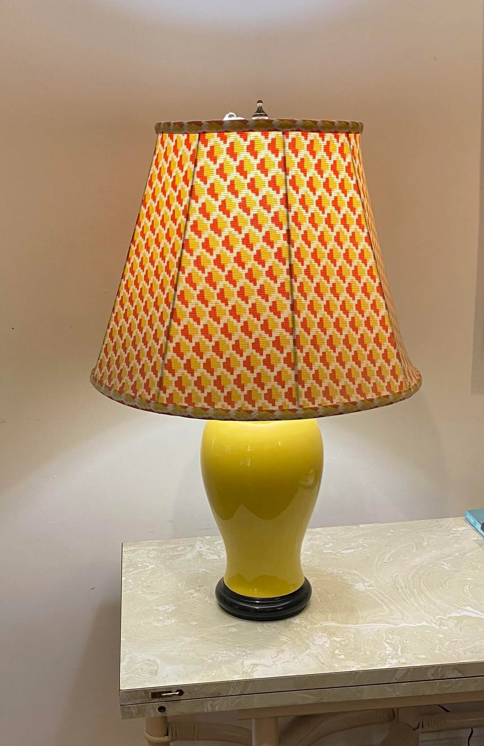 1970s Yellow Lamp With Custom Shade, Wood Stained Base - 2