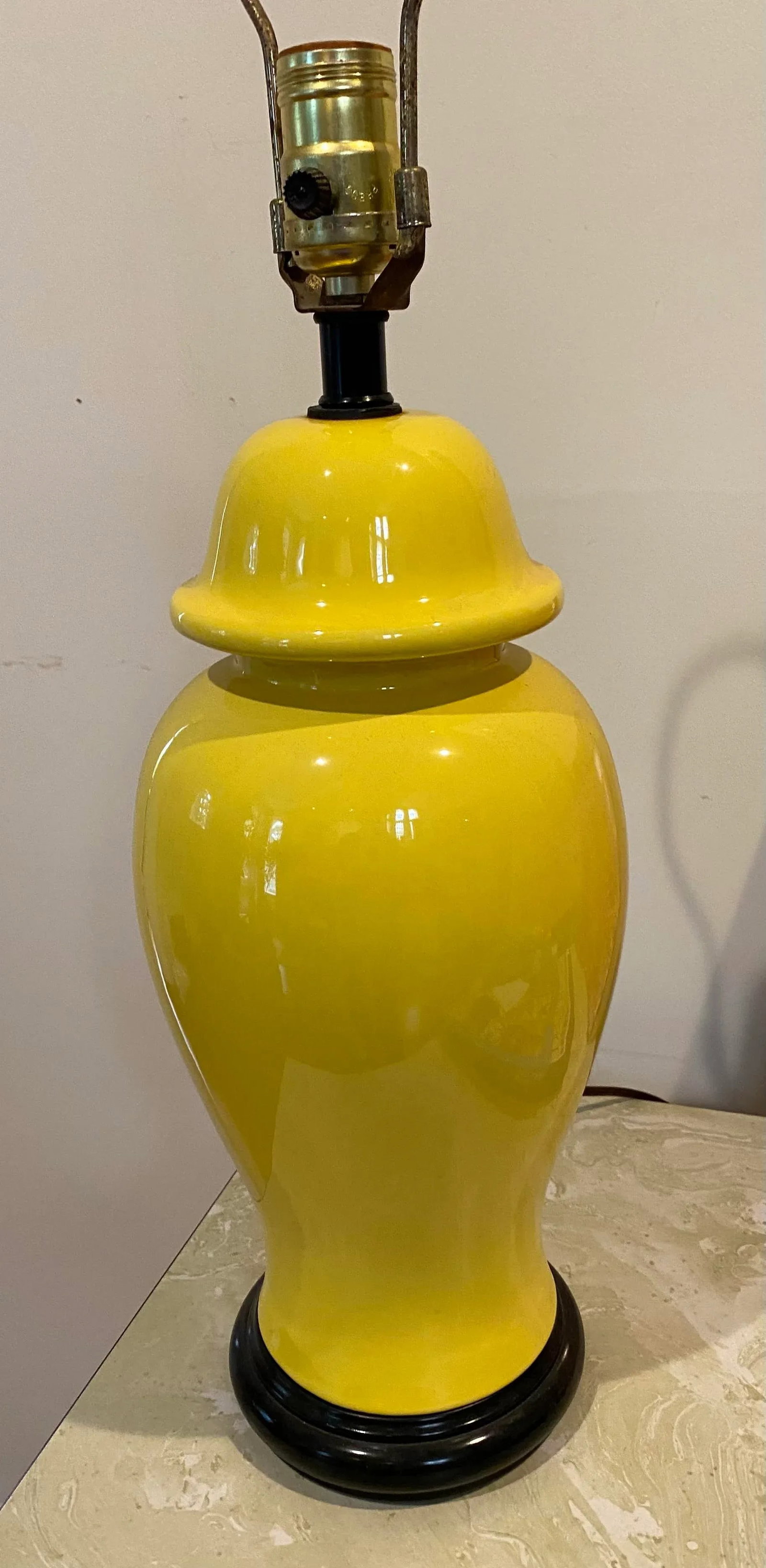 1970s Yellow Lamp With Custom Shade, Wood Stained Base - 3