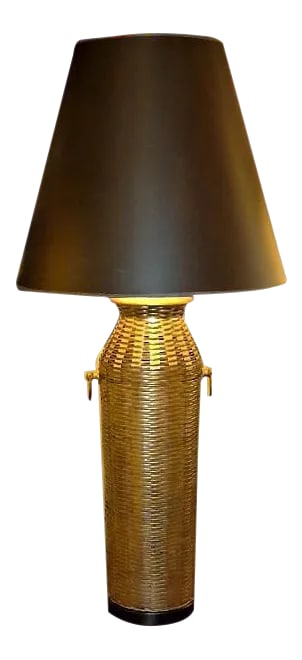 1976 Modern Chapman Lamp Tall Woven Brass Vase Shaped Table Lamp: REDUCED FROM $575....Unique table lamp in a woven brass vase form with circular brass ring handles. Warm brass age patina. Original brass ball finial. Elegant, warm, masculine...a beautiful lamp! Meas