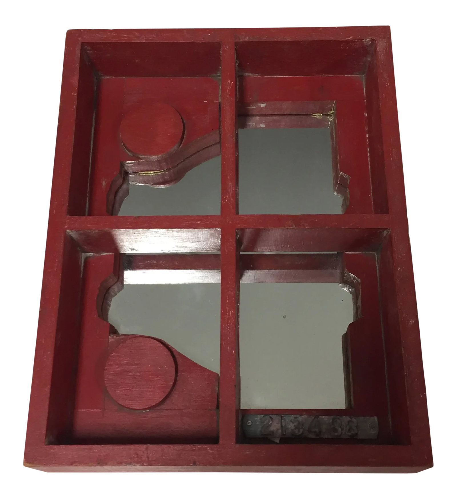 Vintage 1970s Louise Nevelson Style Industrial Mirror: Vintage industrial mirror in the style of Louise Nevelson, circa 1970s. Measures 11.75" high, 9" wide, and 2.5" deep. Mirror in very good condition with some patina to the painted surface. Condition: