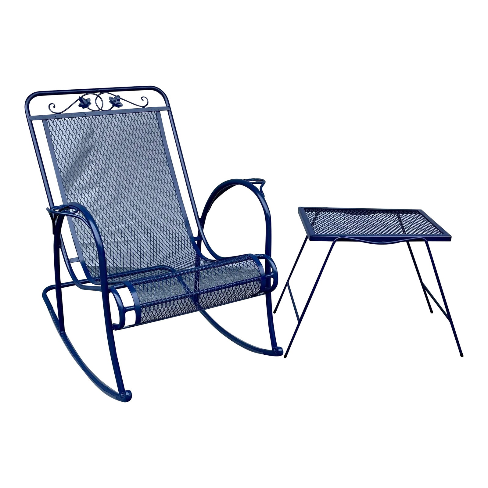 Woodard Salterini Attributed Wrought Iron Patio Balcony Rocking Rocker Chair Small Accent Table: Unmarked Blue Vintage Woodard Salterini inspired with Maple Leafs and Swirls Grape design on Arms RARE to find a rocker all wrought iron. Mt Vernon Comes with a small side table in blue also.