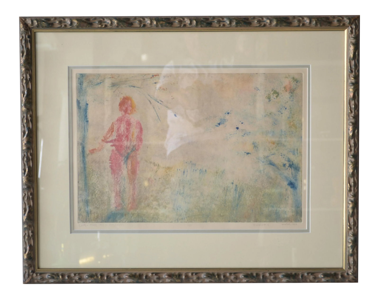 1982 "Eva-The Red Dream Pastel and Water Color Painting by Duguay: Pastel and watercolor with a female with a landscape. It is numbered 1/1, dated Winter 1982. The title is "Eva- The red dream" and signed by the artist Duguay. It is an original and in excellent