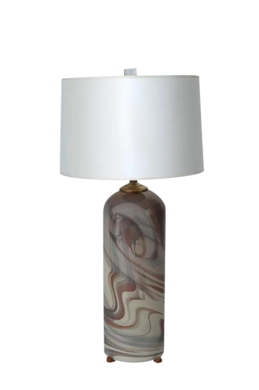 Vintage Murano Glass Lamp W/ Nightlight: A contemporary hand-blown cased glass table lamp with interior base night light, brass and teak accents. The organic swirl pattern includes gray, white, tan and rose colors that glow when illuminated 