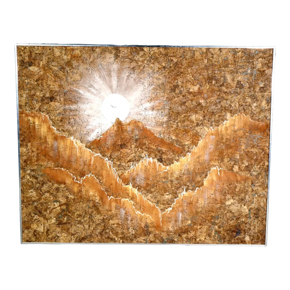 Vintage Retro Large Horizon Painting on Cork Original Painting Art Mid Century Retro Framed Wall Sun: Very cool and unique original large sunset/horizon painting on cork. Very creative use of cork instead of canvas to give this painting a unique retro look. I would say this painting is from the 70's. 