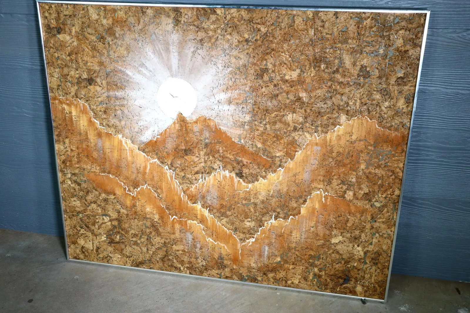 Vintage Retro Large Horizon Painting on Cork Original Painting Art Mid Century Retro Framed Wall Sun - 4