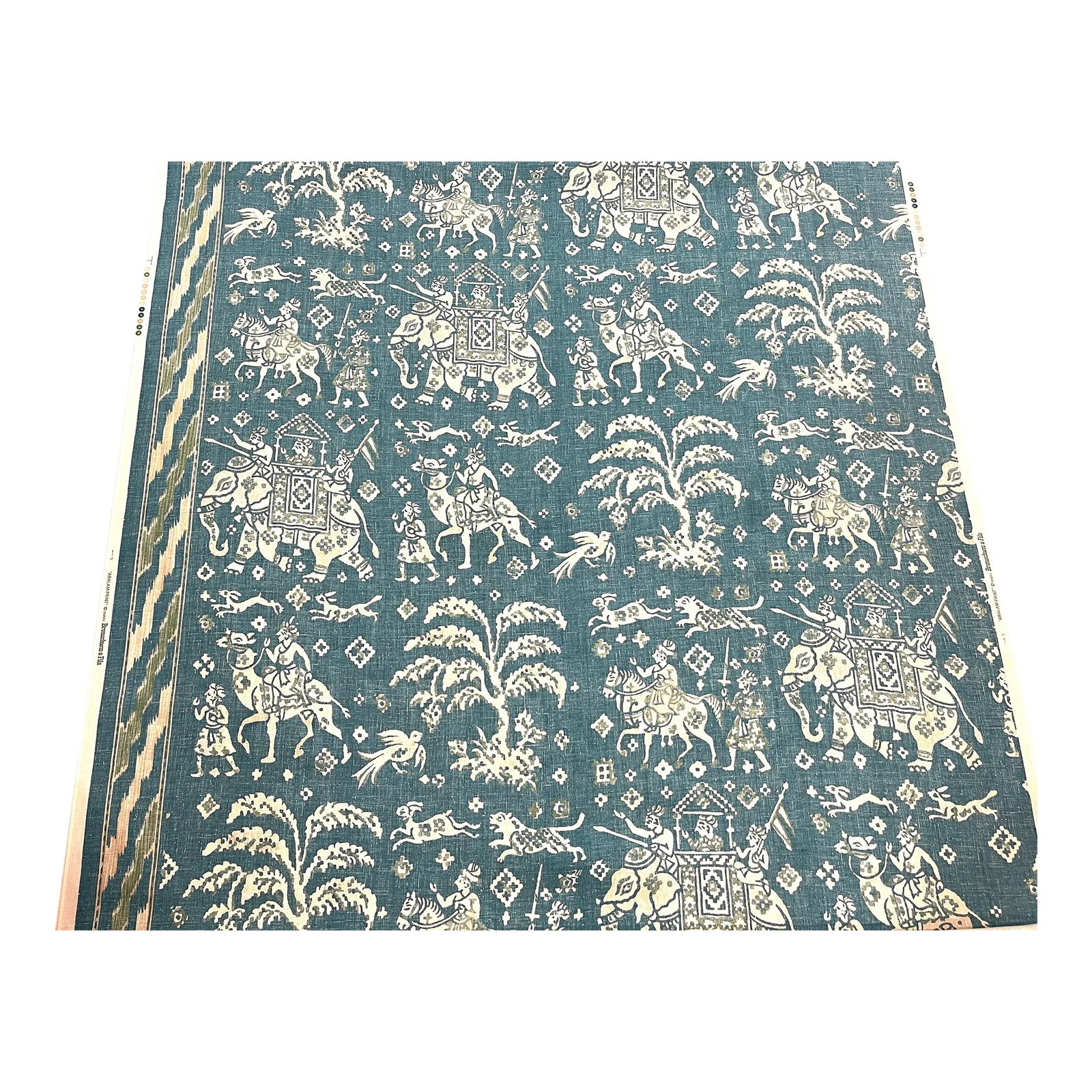 Brunschwig and Fils "Aralam" Fabric - 9 Yards: Brunschwig & Fils "Aralam" fabric. Pattern Number: 8015175.133 Colorway: Teal/Green Length and Width: 5 yards by 54 inches wide with an extra 4 yards with the border removed. 100% linen Repeats: