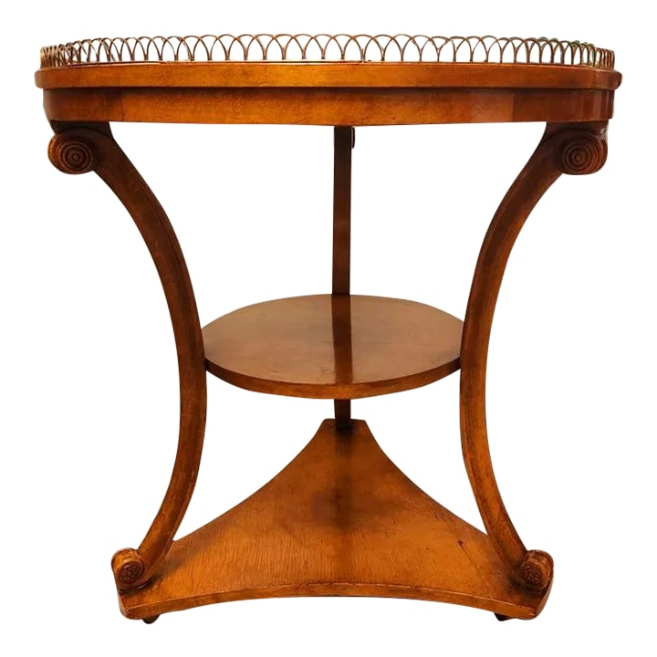 Early 20th Century Antique Biedermeier Style Rolling Table With Reticulated Brass Gallery and Shelf: Early 20th Century Antique Biedermeier Style Three Tiered Rolling Occasional Table with Reticulated Brass Gallery & Shelf features gorgeous Golden Lacquered Inlaid Wood Work on the Tabletop and